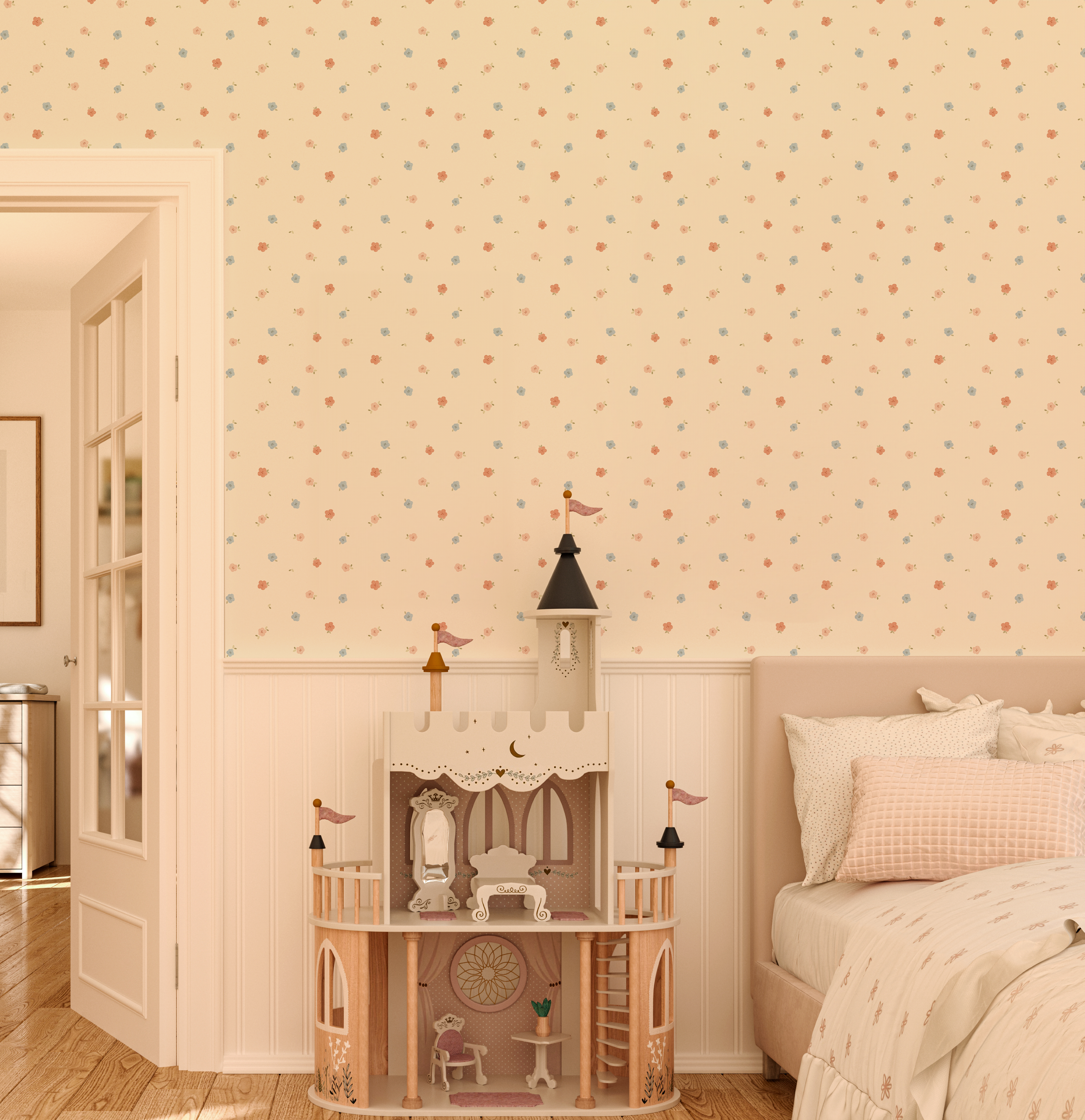 tiny flower wallpaper in girls bedroom with dollhouse and blush bedding