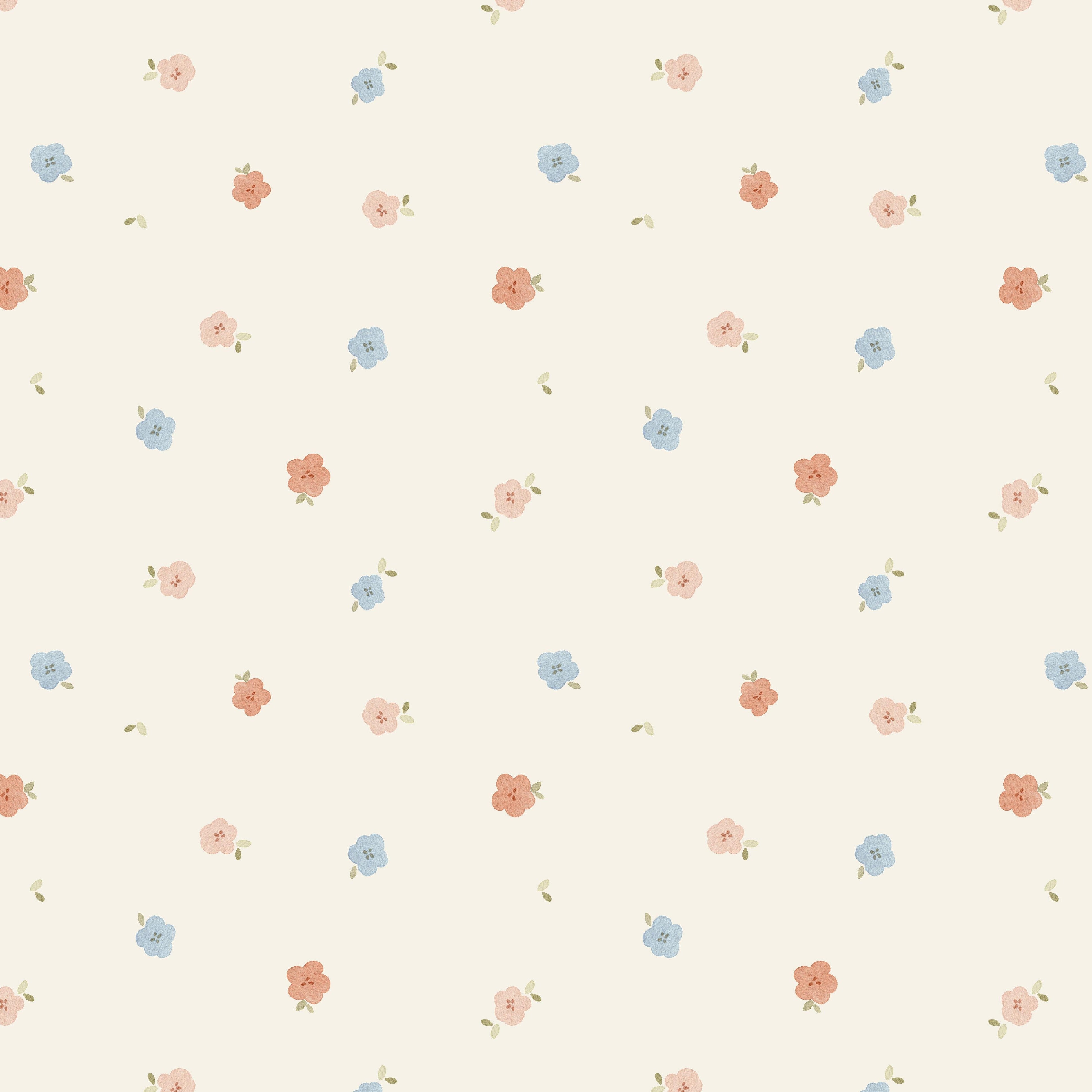 Petal confetti wallpaper pattern with scattered pastel pink blue and peach flowers on a warm cream background
