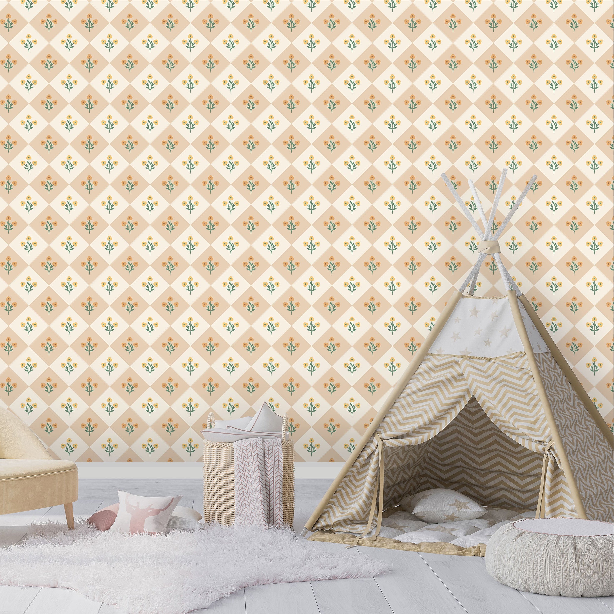 Children's room with a floral diamond wallpaper, sofa, teepee, and soft rug.