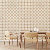 Dining area with wooden table and chairs against a floral diamond patterned wallpaper.