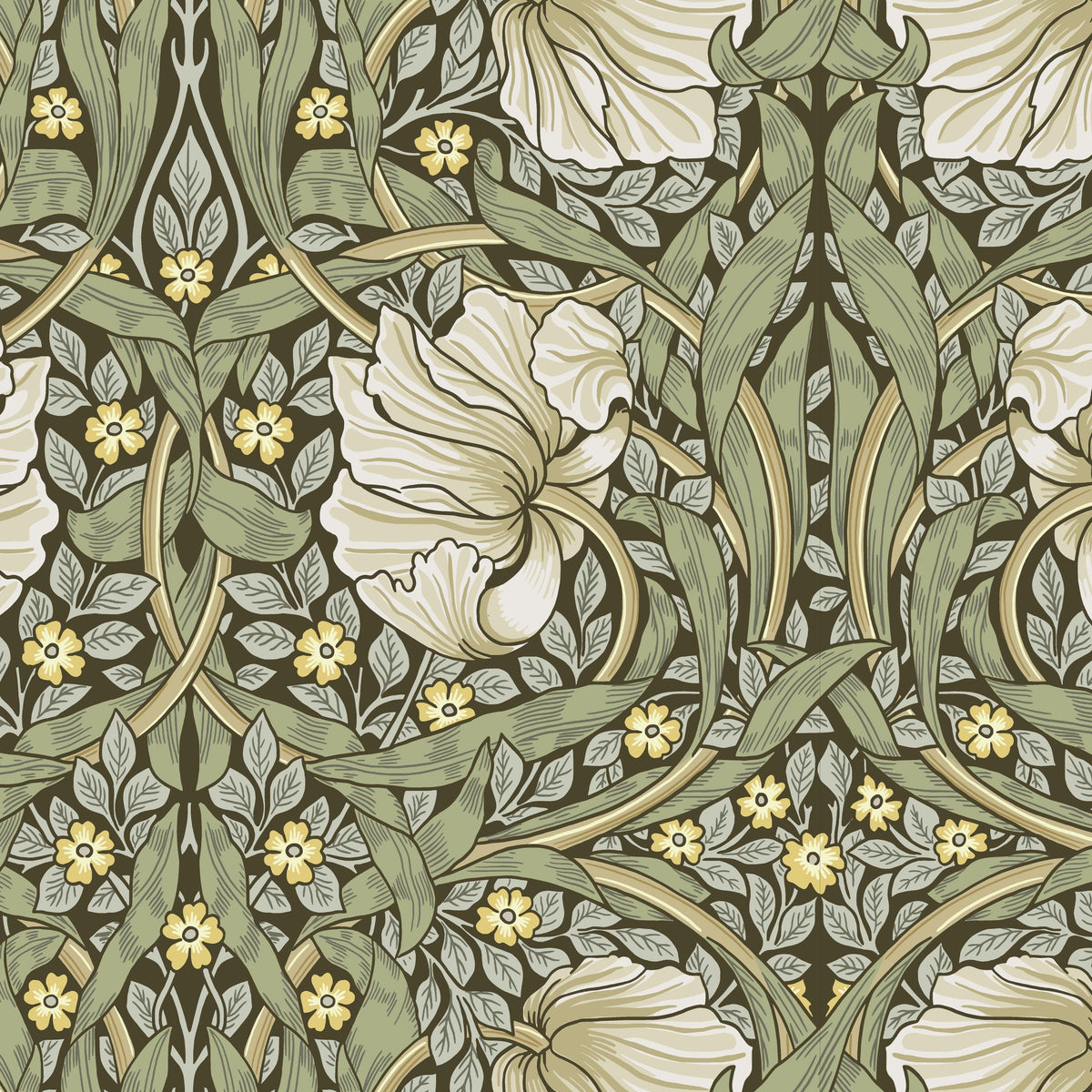 A repeating Arts and Crafts style floral pattern with large cream flowers, olive green leaves, and small yellow blossoms on a dark olive-brown background.