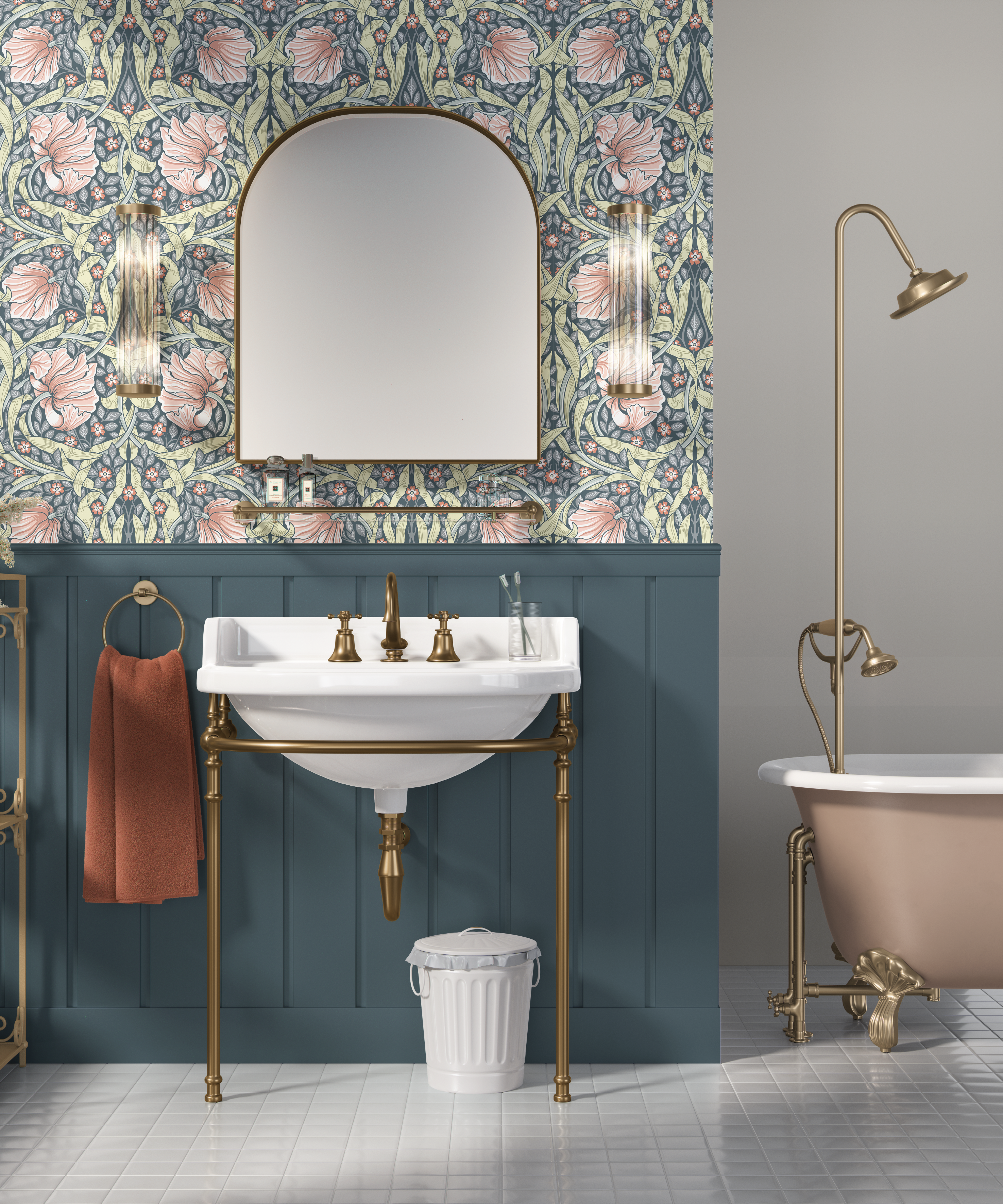 Pimpernel Salmon floral wallpaper in a vintage bathroom with blue wainscoting, brass fixtures and pink bathtub