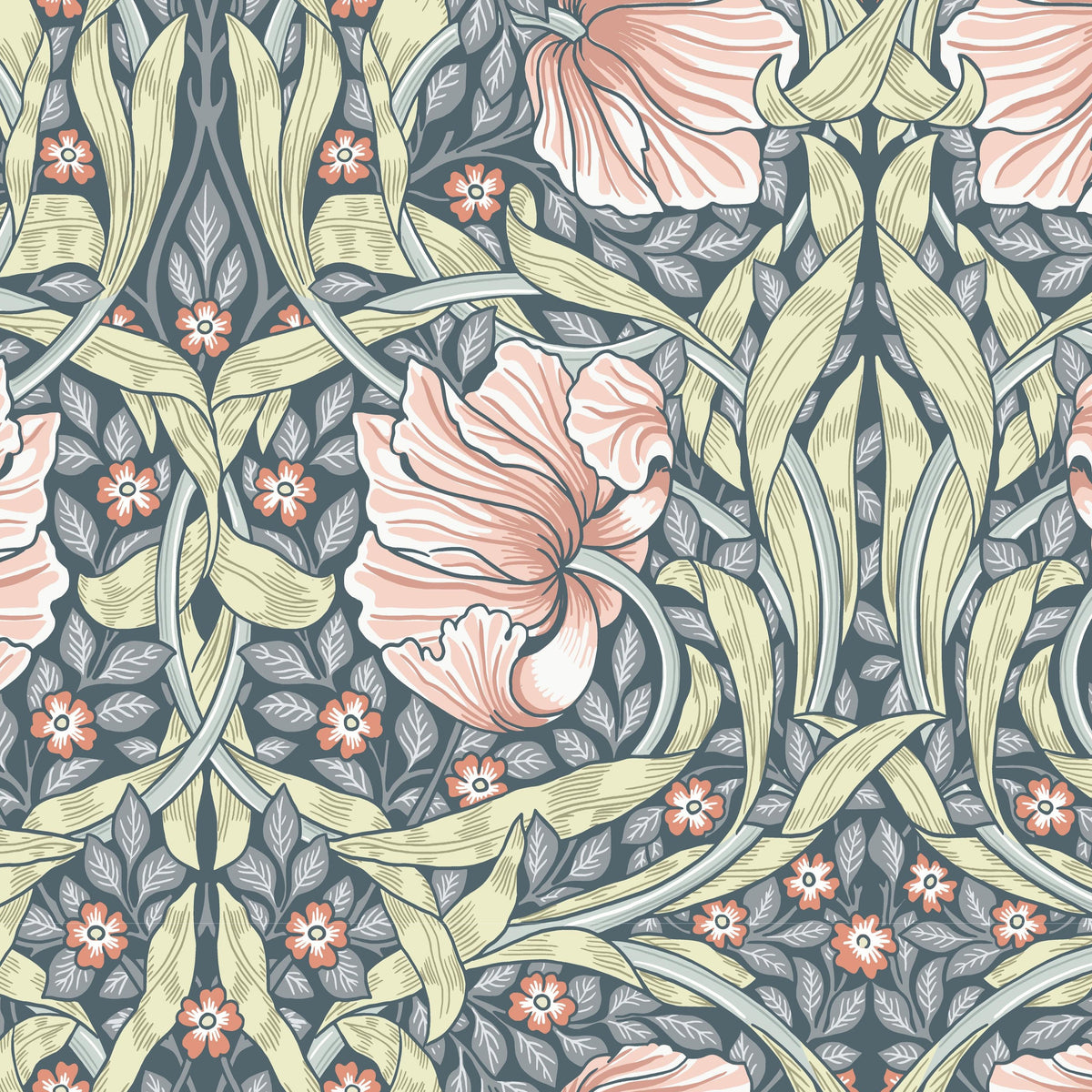 A repeating Art Nouveau style floral pattern featuring large pale pink flowers, small orange blossoms, and elongated cream leaves on a muted blue-gray background.