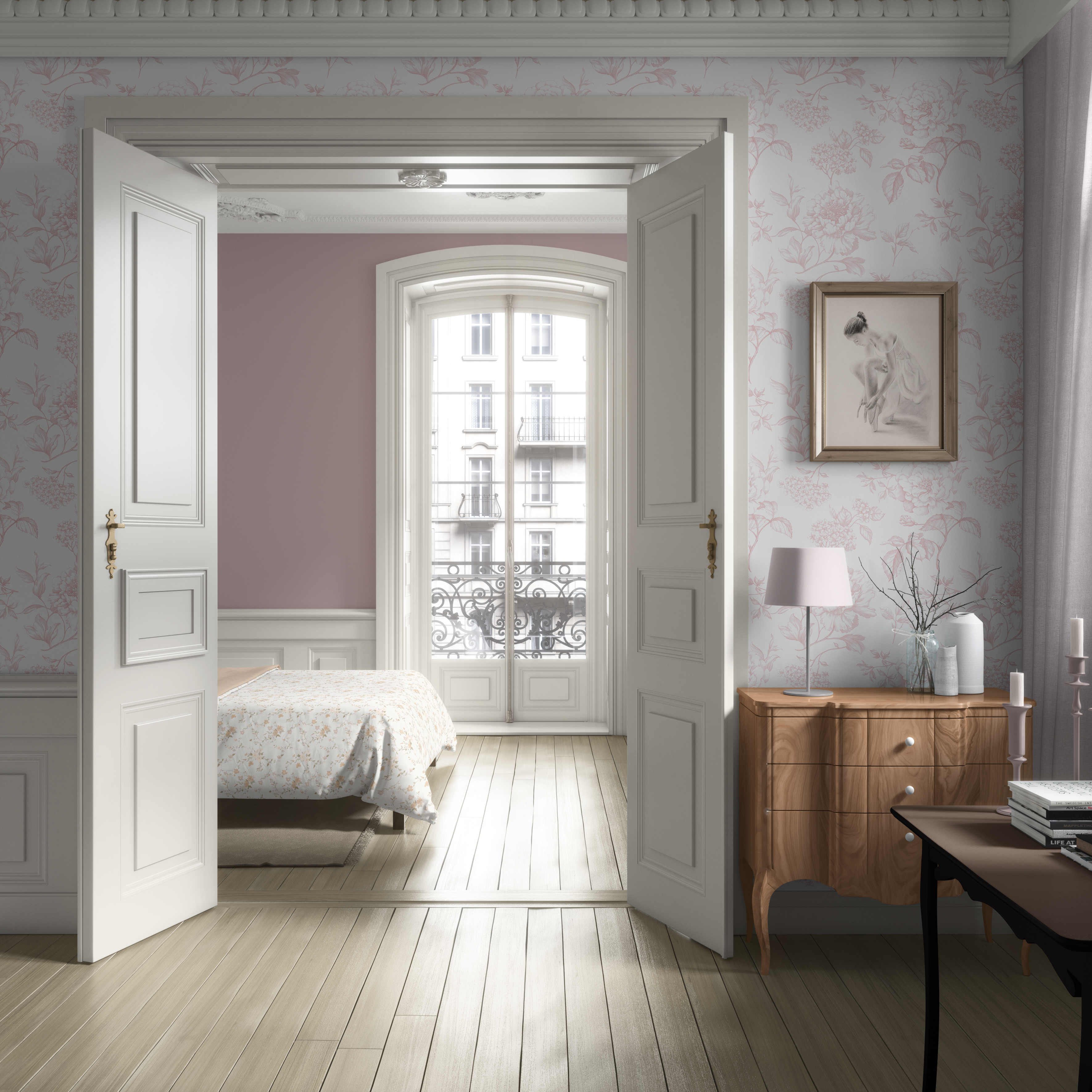 Pink floral toile wallpaper in a romantic bedroom with soft blush walls and feminine vintage decor