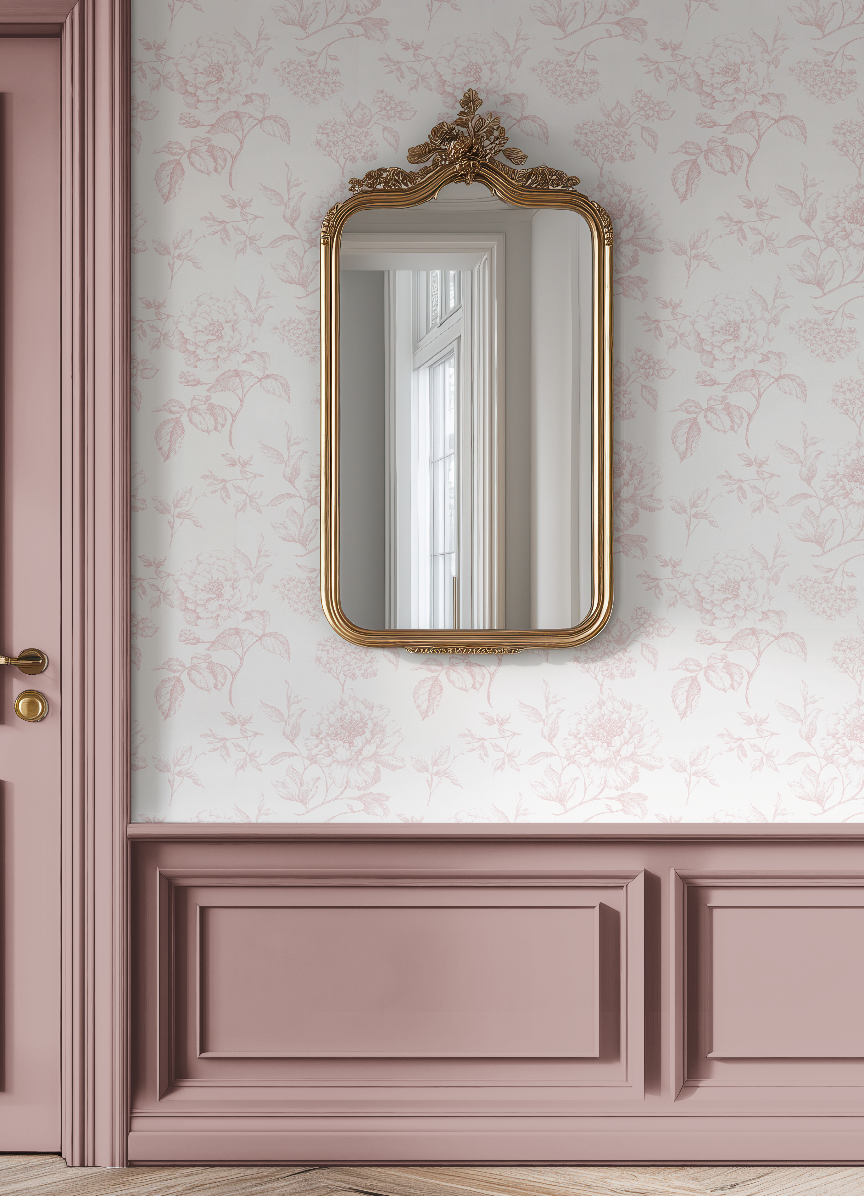 Feminine pink floral wallpaper with blush wainscoting and antique gold mirror in a romantic hallway