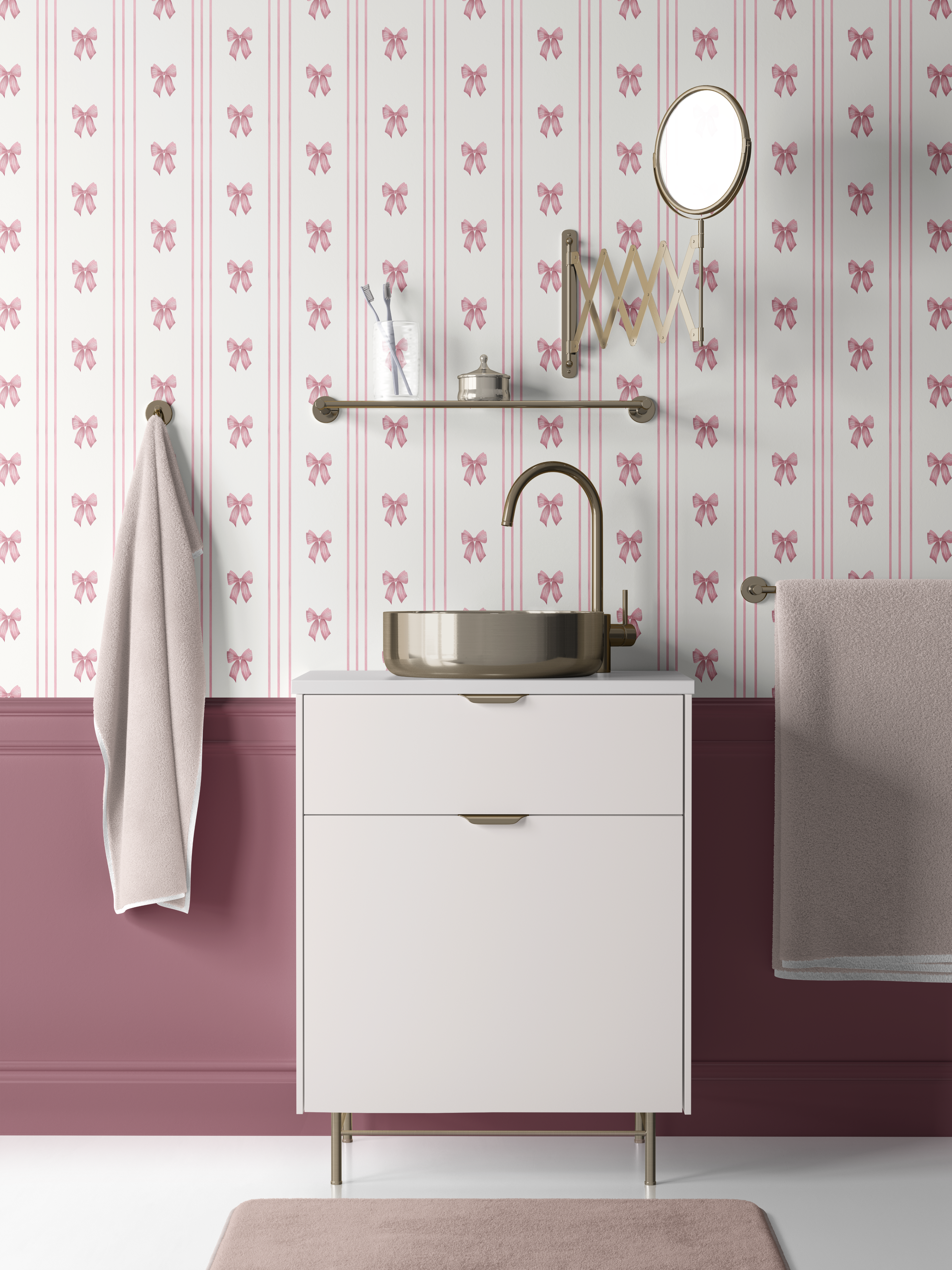 Pink striped bow wallpaper in bathroom with brass fixtures and blush wainscoting, tailored ribbon stripe wall decor