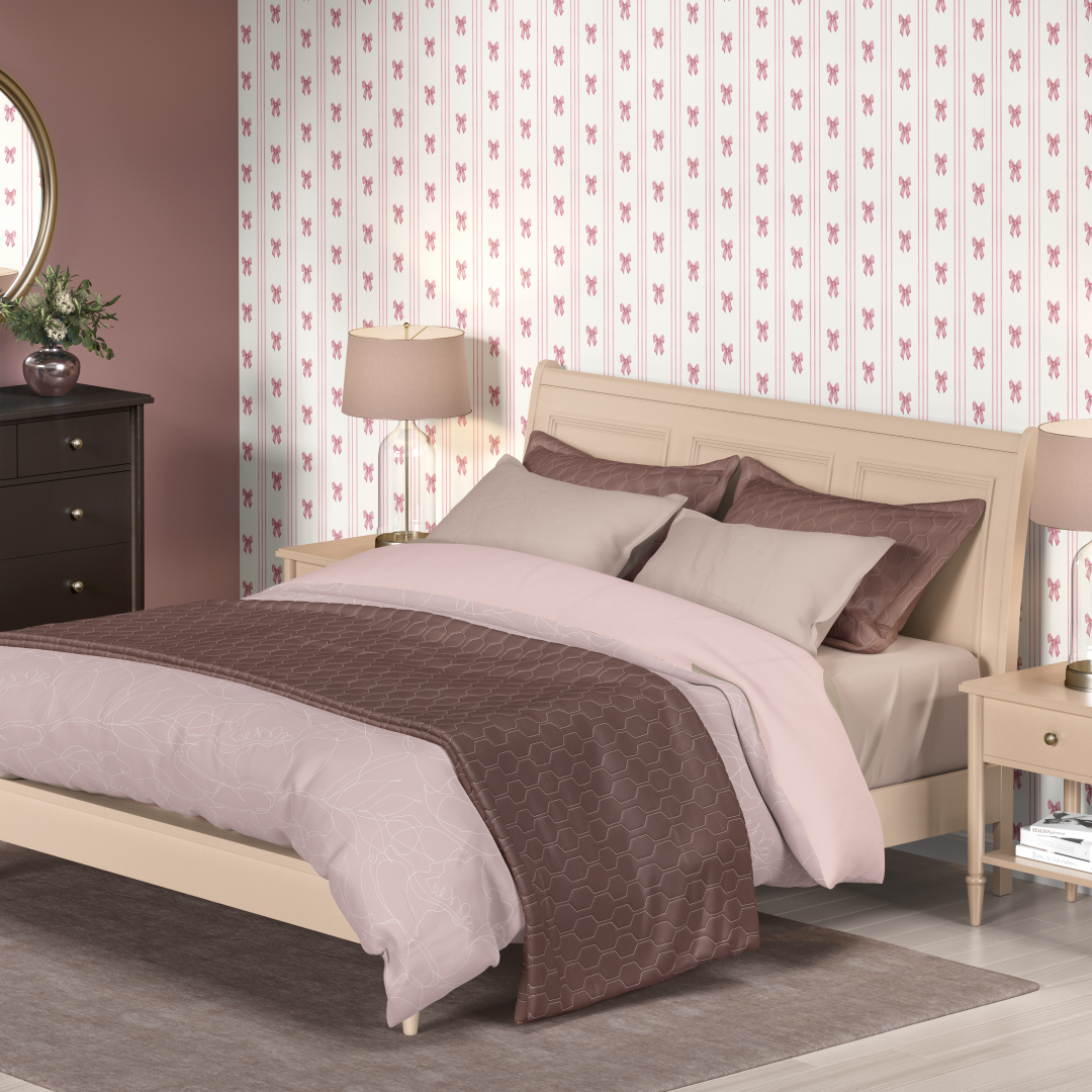 Romantic bedroom with pink tailored bow stripe wallpaper and neutral bedding, feminine coquette wall design