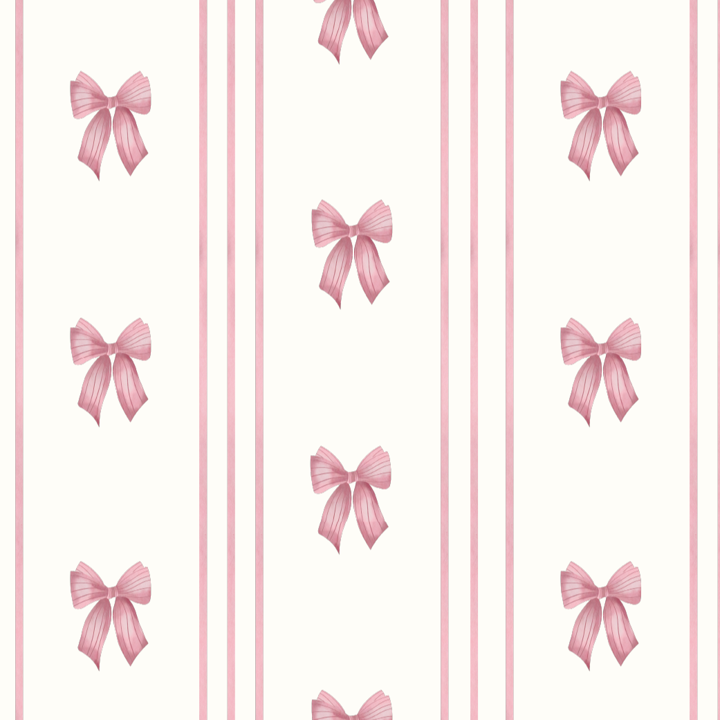 Close up of pink tailored ribbon wallpaper sample showing watercolor bow detail and vertical stripes