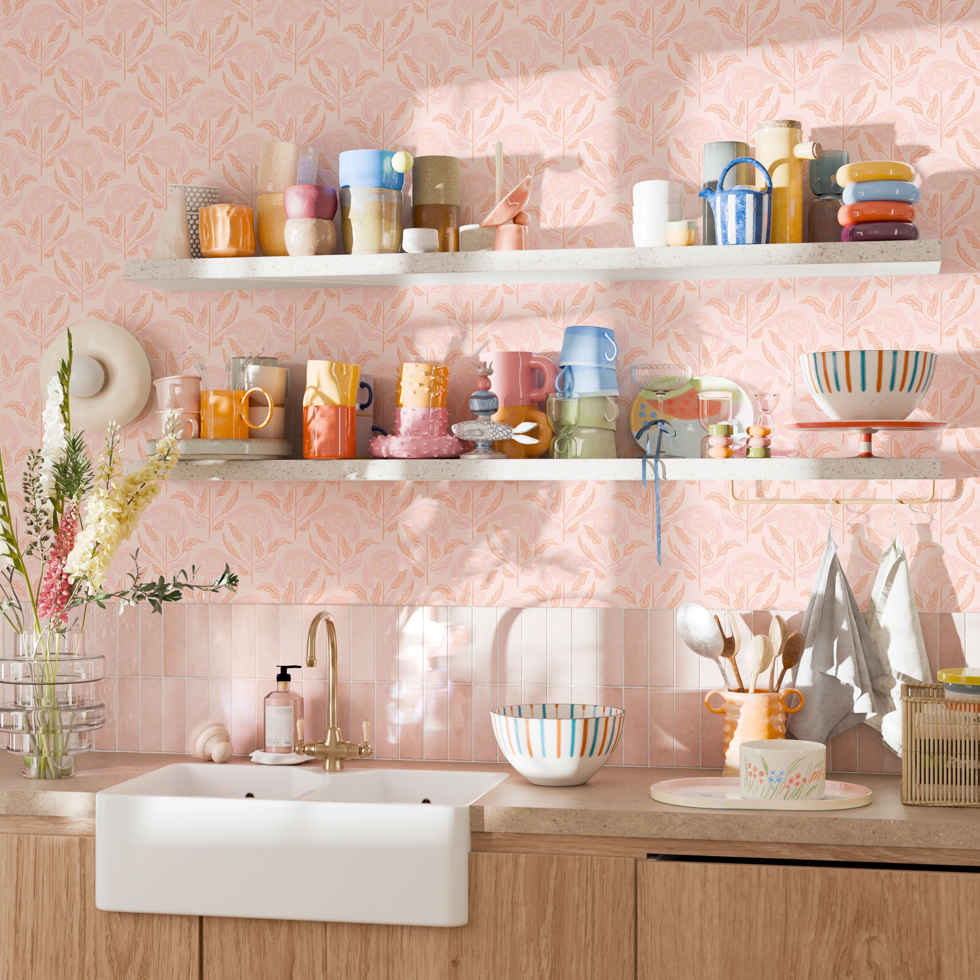 Eclectic kitchen with colorful mugs and dishes against Bloomfield floral wallpaper backdrop