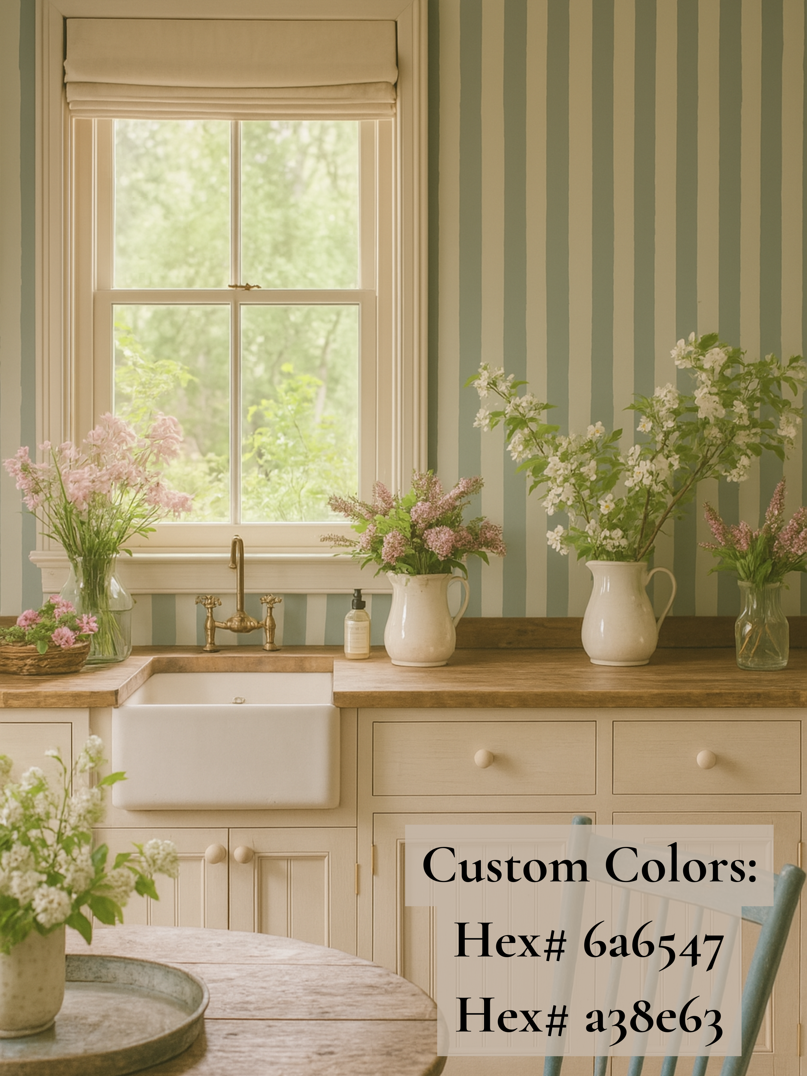 Pistachio and Taupe Stripe Wallpaper in a beautiful kitchen