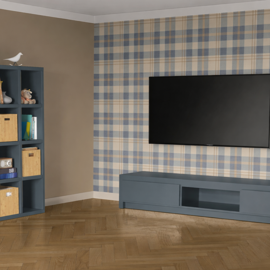 Living Room featuring Sherwin-Williams Universal Khaki paint paired with blue and cream plaid wallpaper