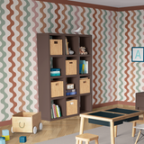 Retro waves wallpaper in a kids playroom featuring playful mid century wavy stripes and warm neutral colors