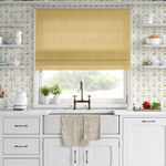 Provence Style Kitchen with Victorian Floral Wallpaper – cottagecore kitchen with farmhouse sink, white cabinets, and yellow and blue floral wallpaper background