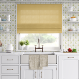 Provence Style Kitchen with Victorian Floral Wallpaper – cottagecore kitchen with farmhouse sink, white cabinets, and yellow and blue floral wallpaper background