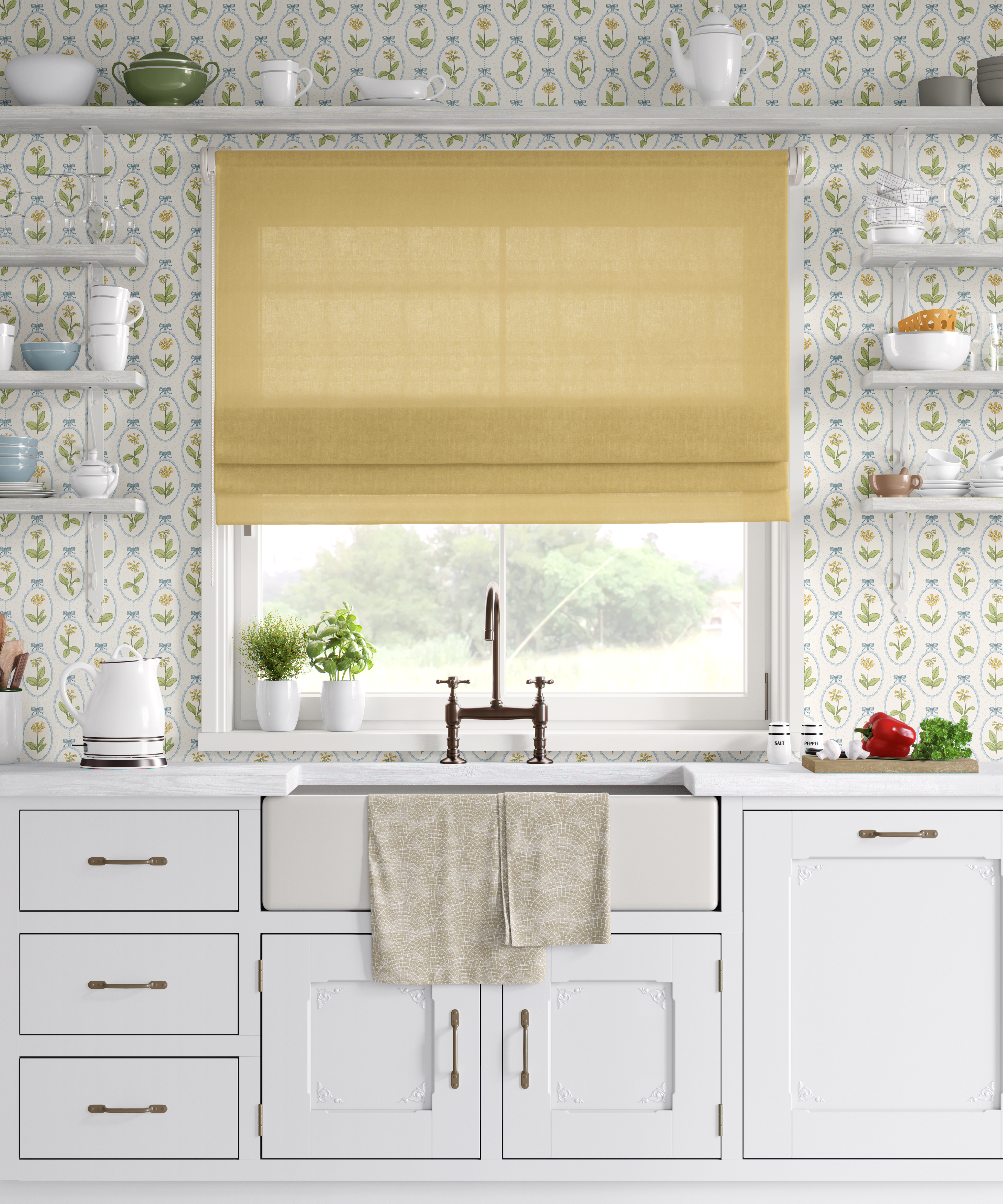 Provence Style Kitchen with Victorian Floral Wallpaper – cottagecore kitchen with farmhouse sink, white cabinets, and yellow and blue floral wallpaper background