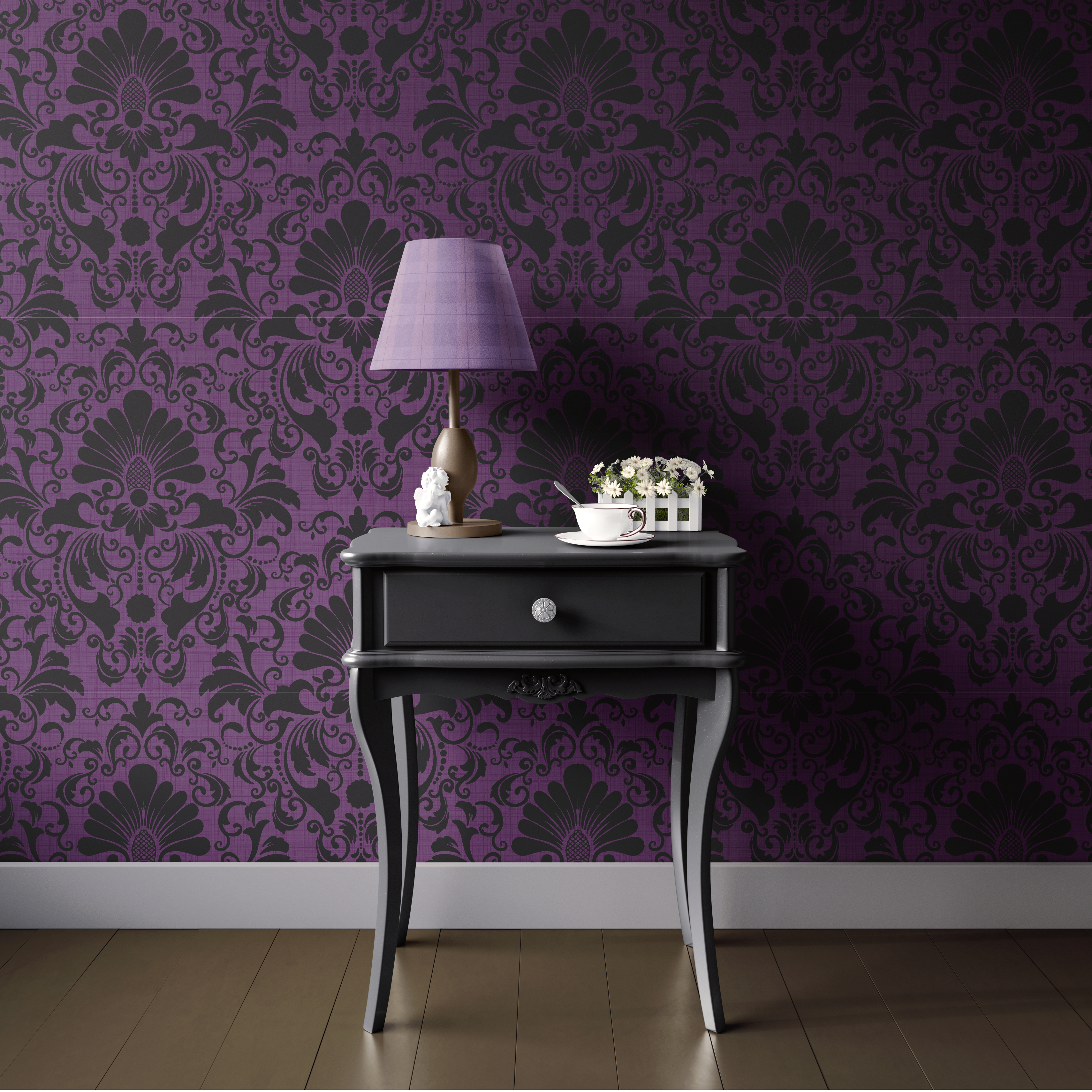 Moody purple damask wallpaper in bedroom with black nightstand and lamp, Victorian gothic floral pattern accent wall
