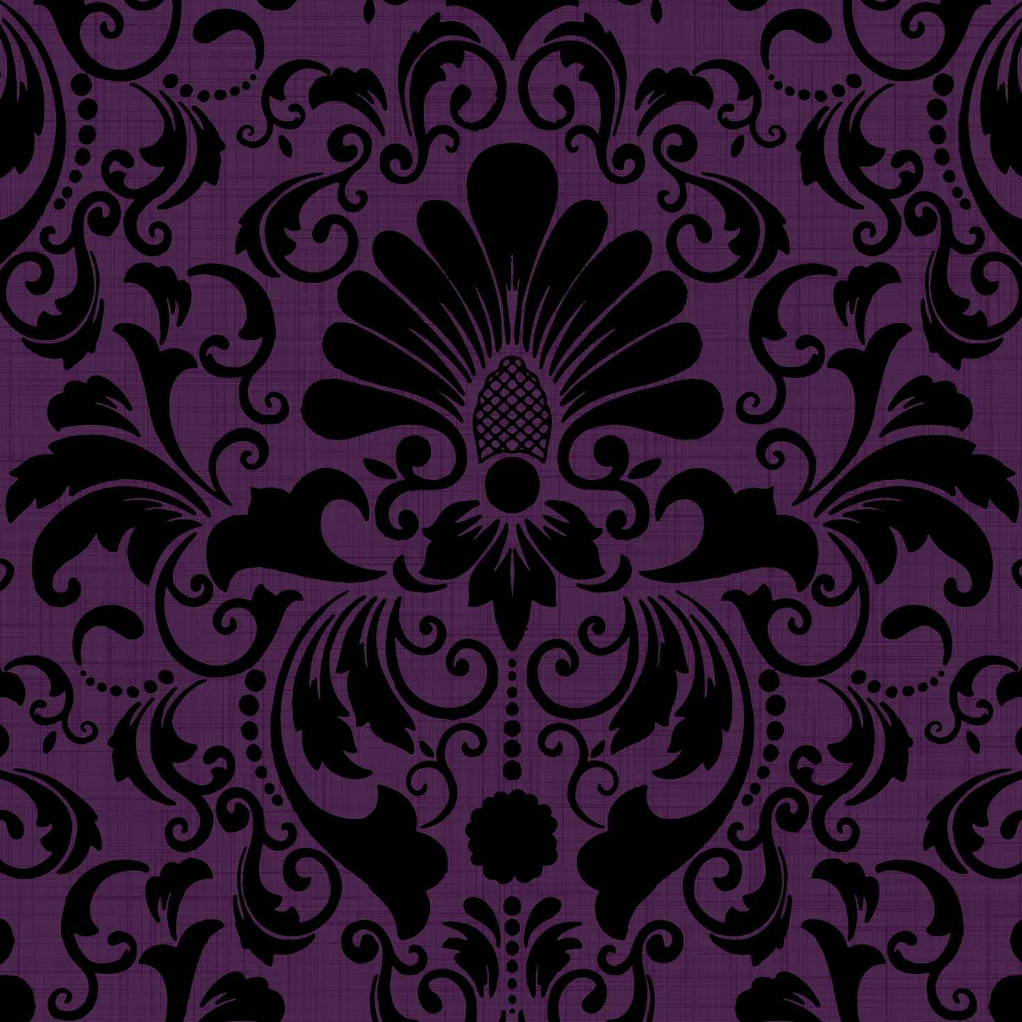 Close up of purple damask wallpaper behind bathroom shelf with towel and brass hardware, dark plum floral pattern