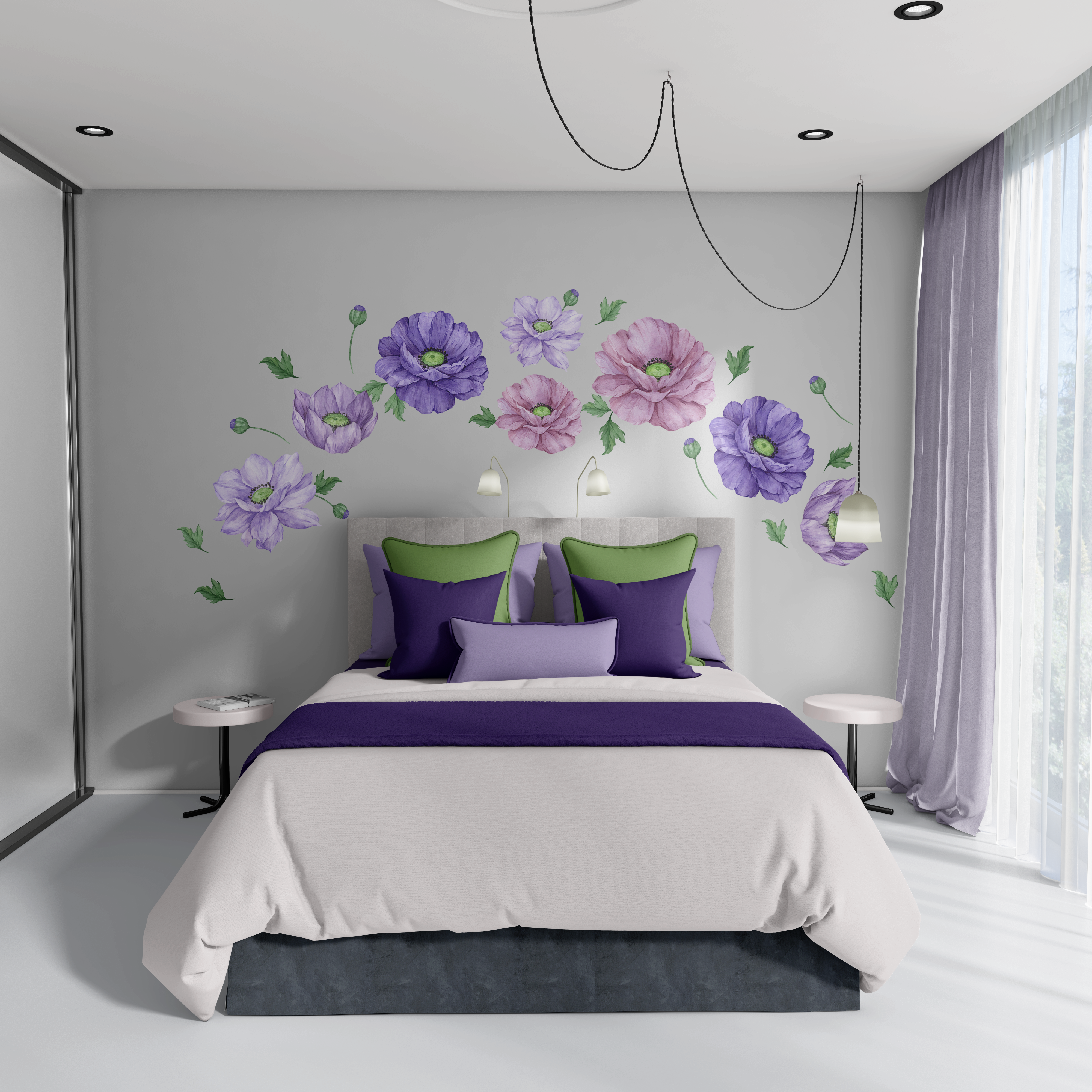 Purple Bloom floral wall decals styled in an arch above a bed with lavender and green bedding