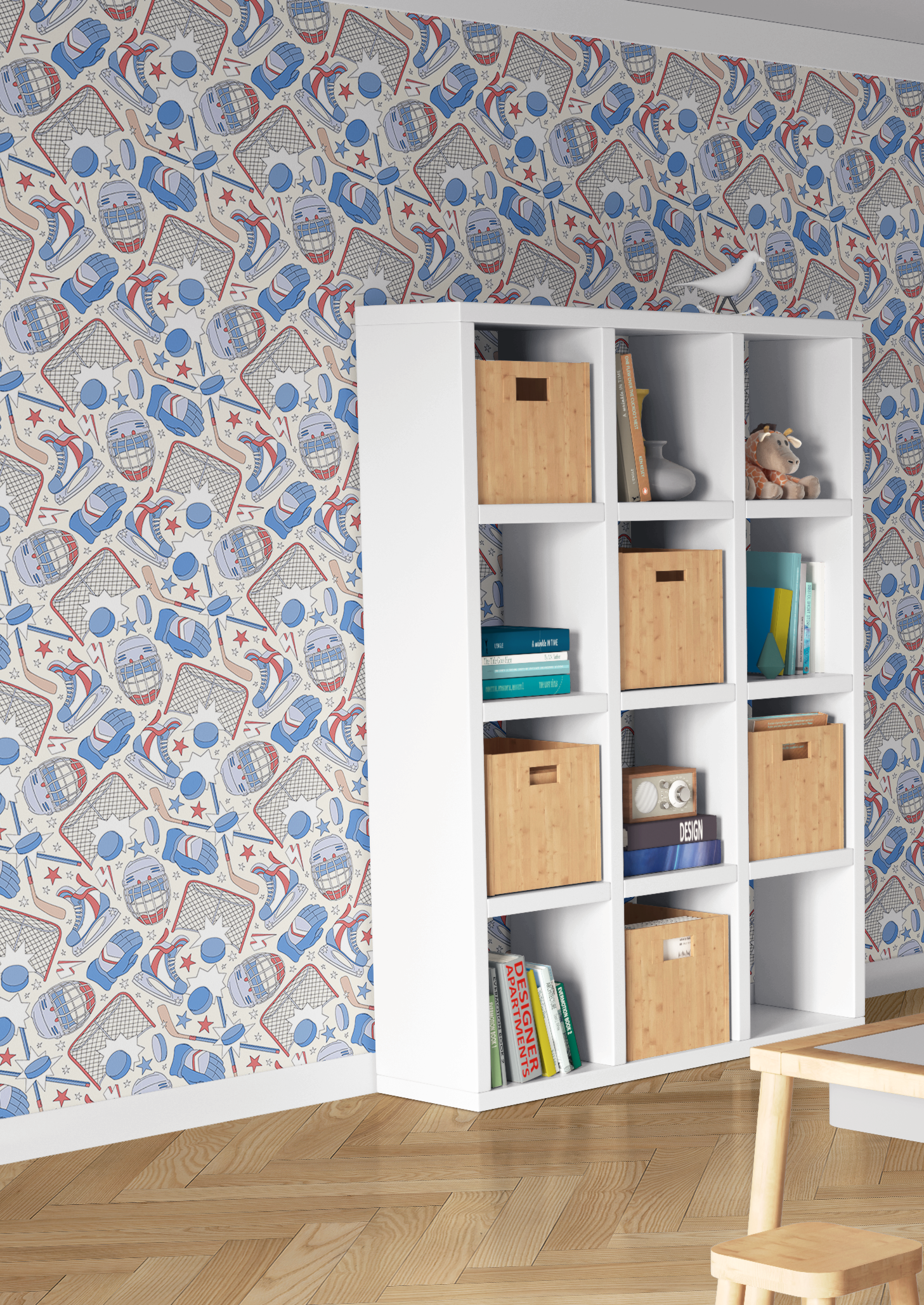 kids hockey themed wallpaper in playroom with hockey equipment pattern including skates sticks pucks and stars