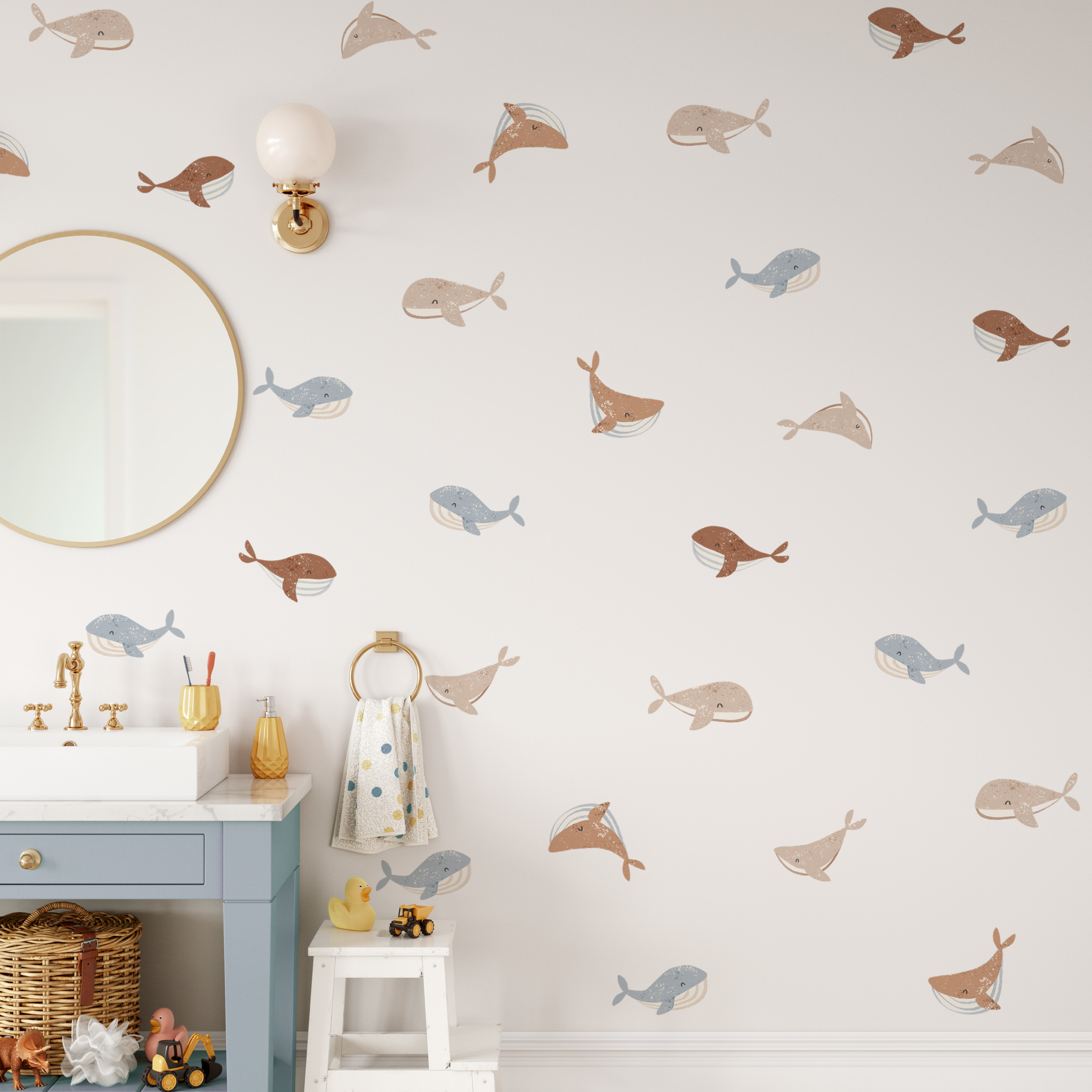 Large pack of whale wall decals in subtle boho colors