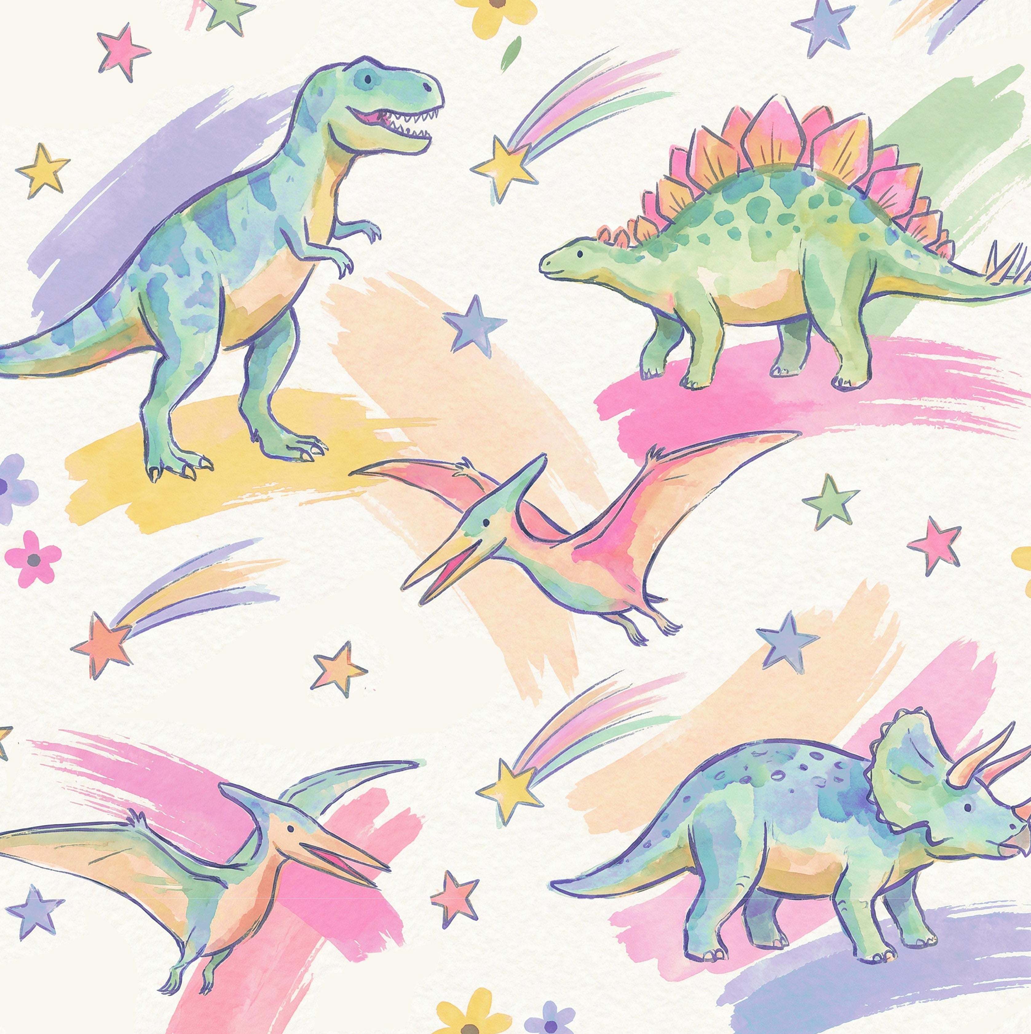 Colorful dinosaur illustrations on a white background with stars and flowers.