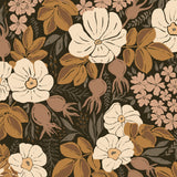 Close-up of Rosehip Briar wallpaper featuring cream flowers, rosehip berries, and warm brown leaves on a dark background