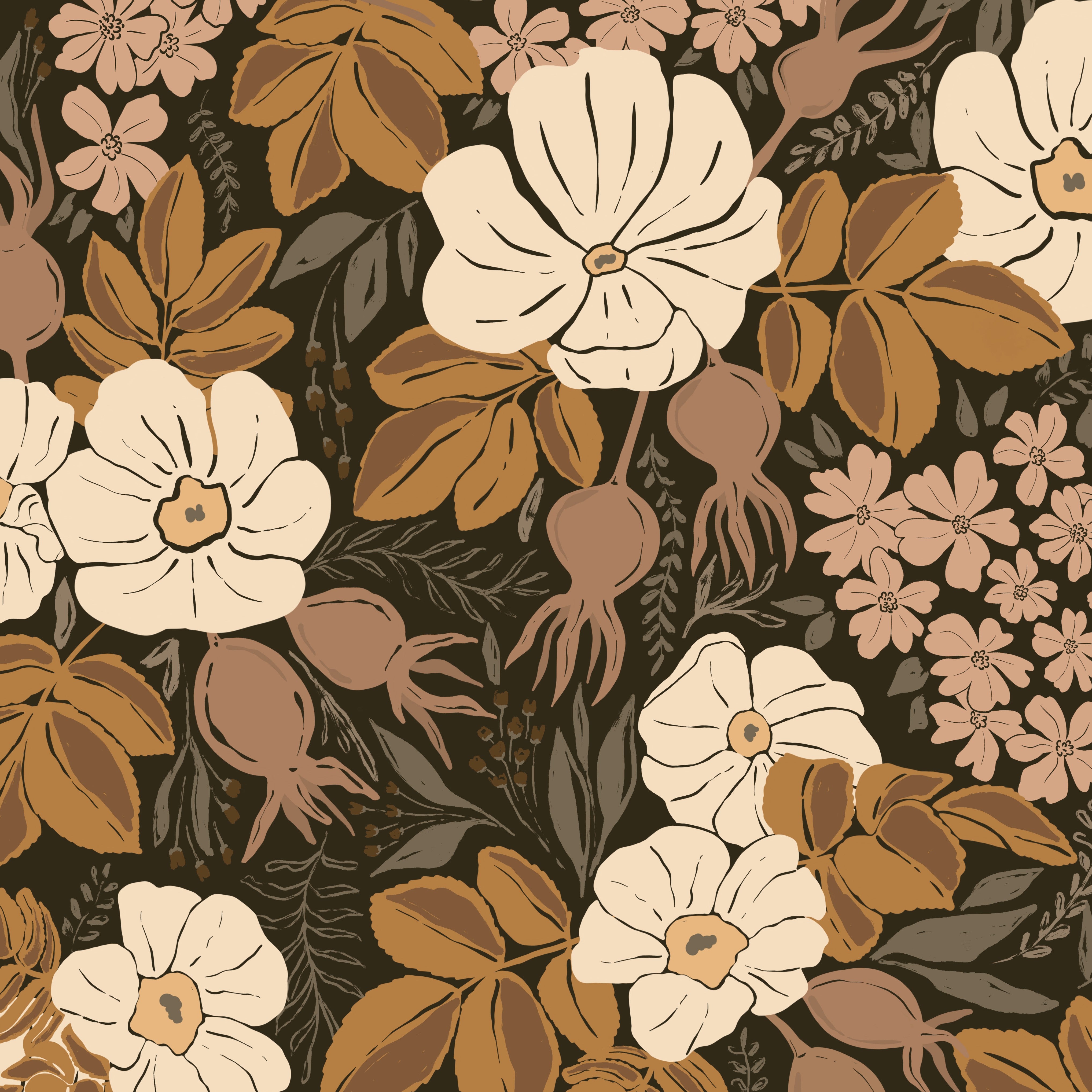 Close-up of Rosehip Briar wallpaper featuring cream flowers, rosehip berries, and warm brown leaves on a dark background