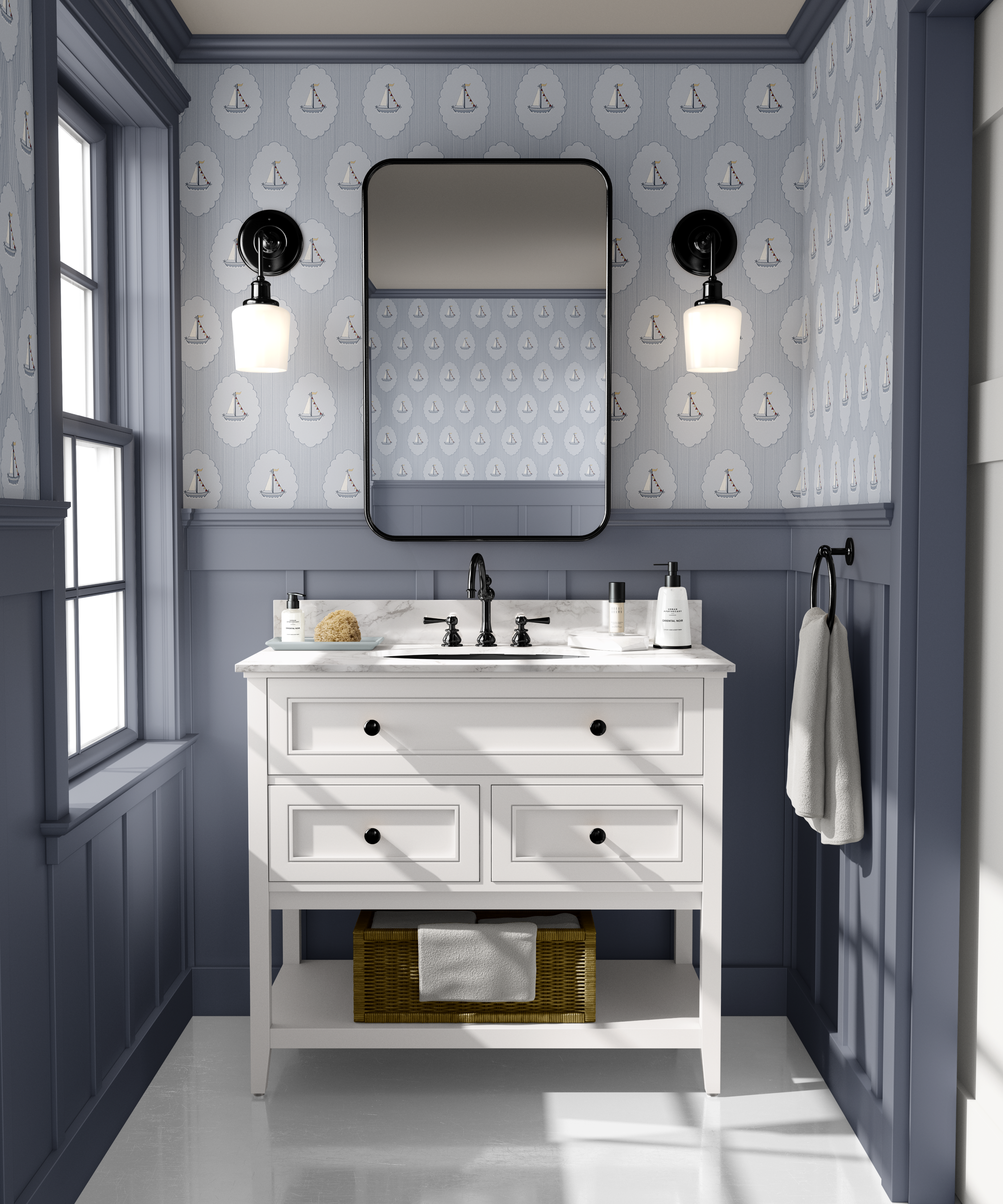 Nautical sailboat wallpaper installed in blue bathroom with wainscoting, coastal sailor themed wall decor