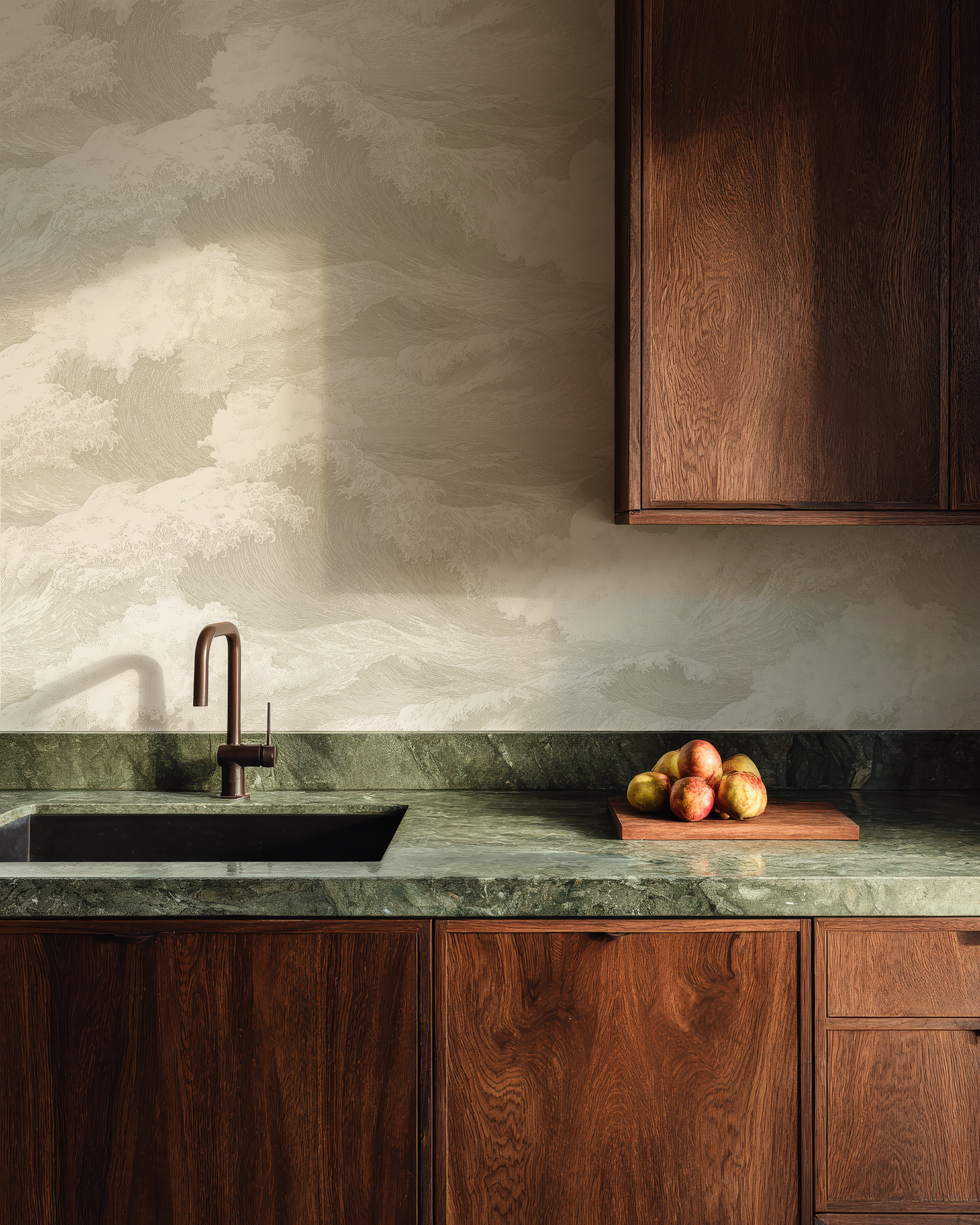 Sand Japandi Tide wallpaper in luxury kitchen, neutral ocean inspired wallpaper with Japanese coastal aesthetic