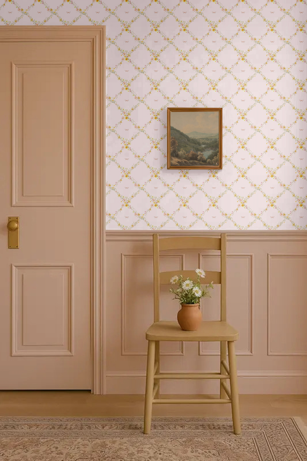 Daffodil and Butterfly Trellis Wallpaper