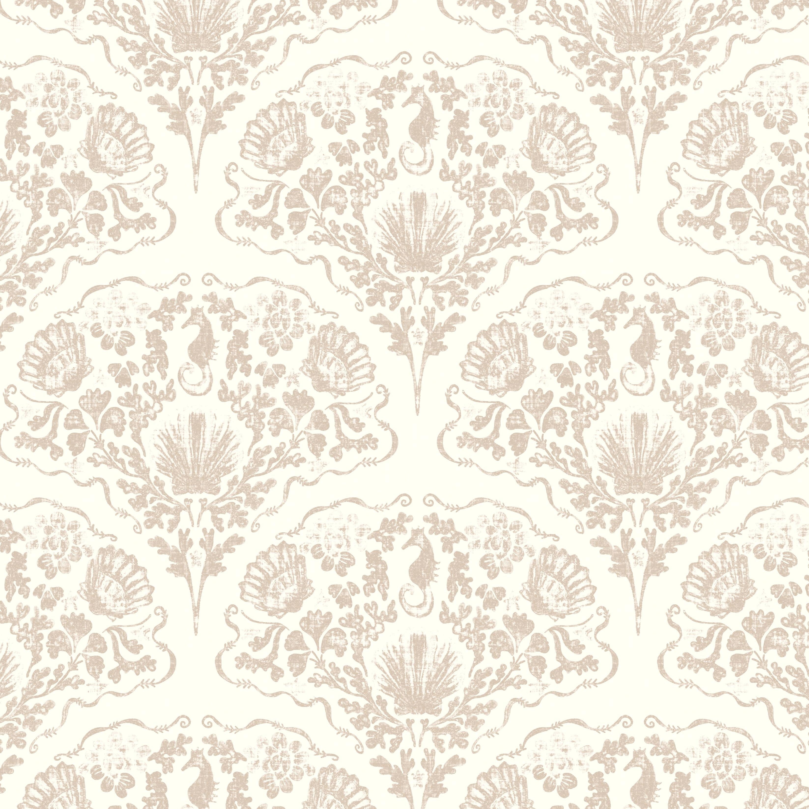 Seahorse damask wallpaper pattern  featuring shells, coral, and seahorses in soft beige tones