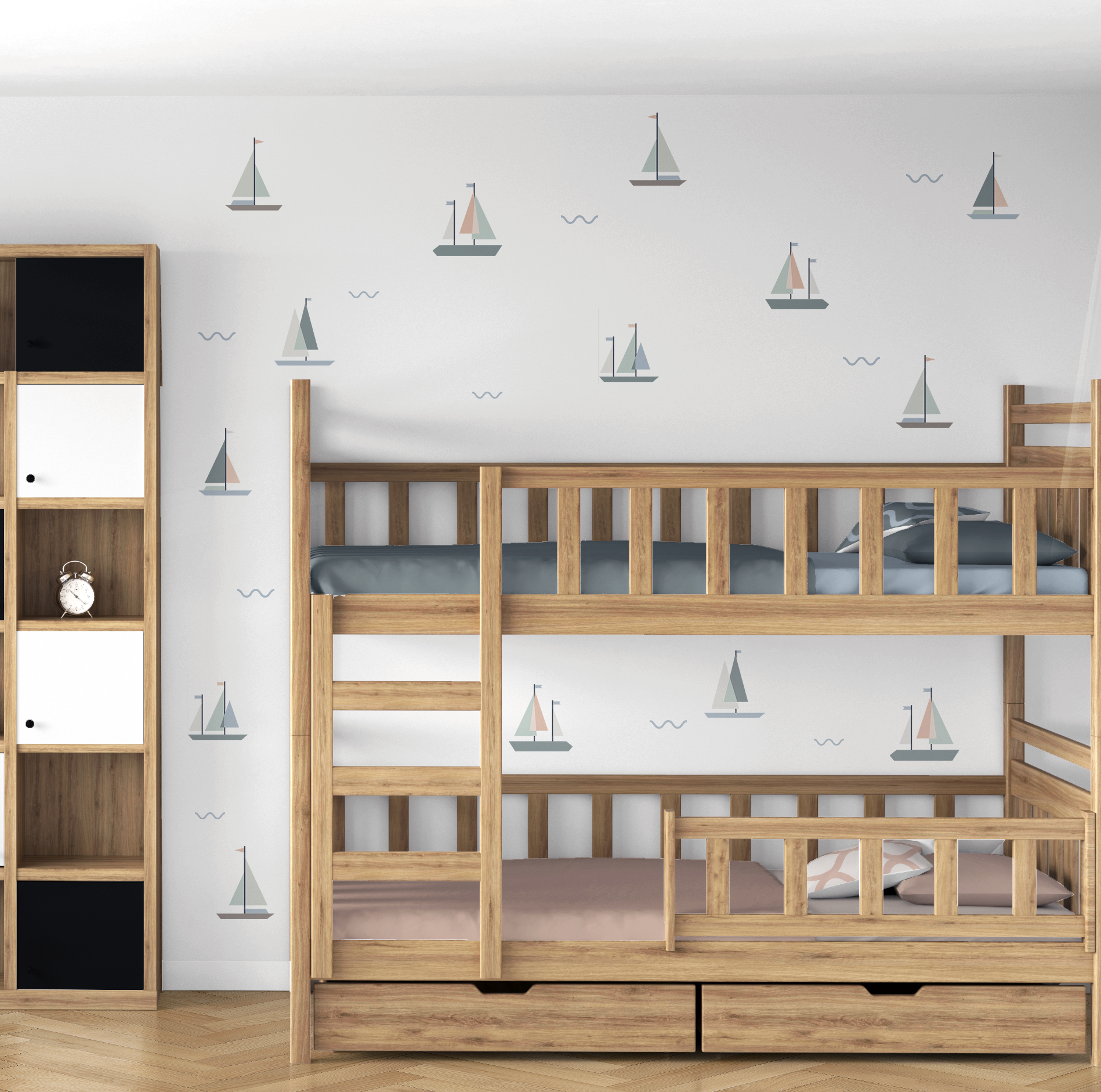 Shared kids room with bunk beds and nautical sailboat decals on white wall