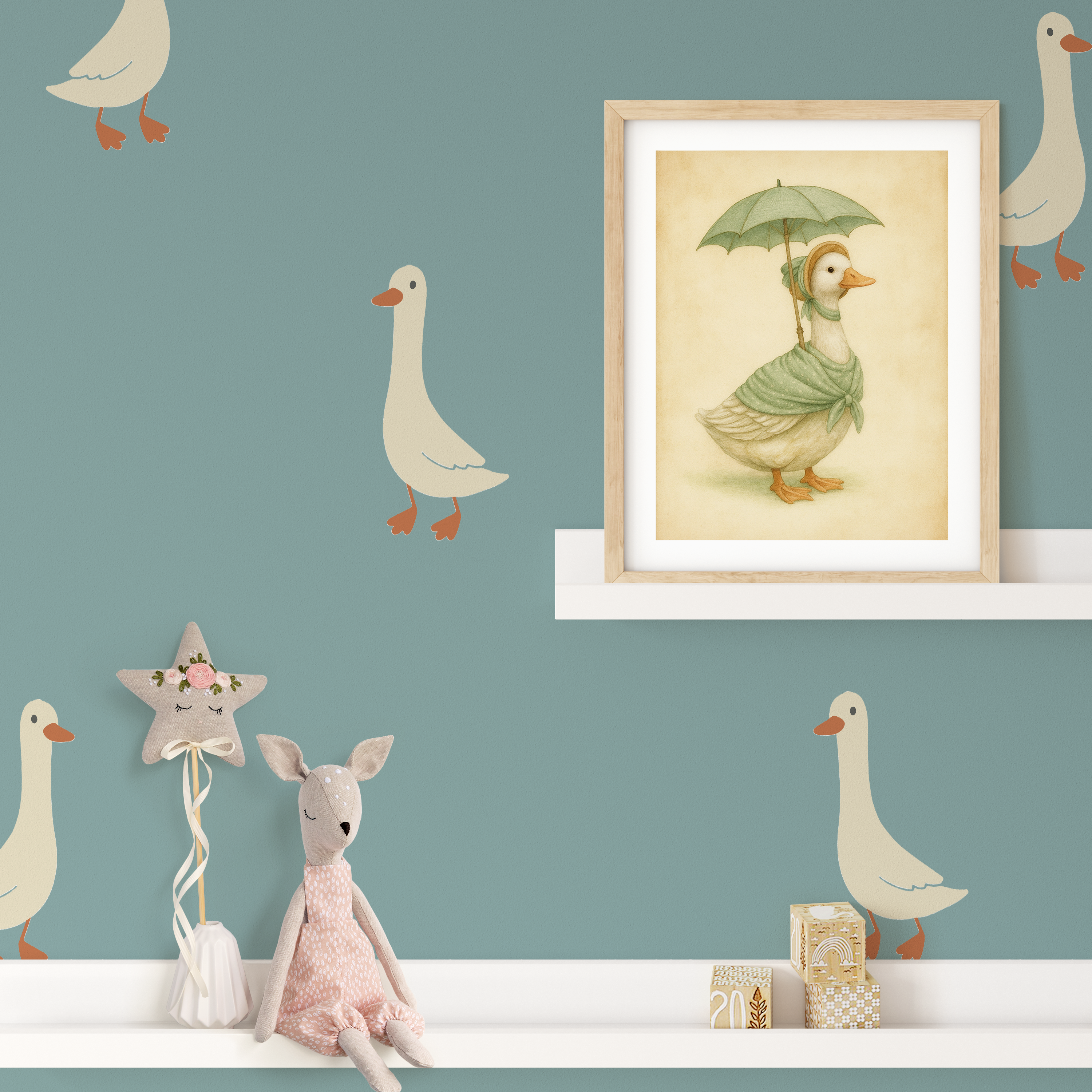 Goose wall stickers on teal wall with nursery shelf, framed goose artwork, and plush toys