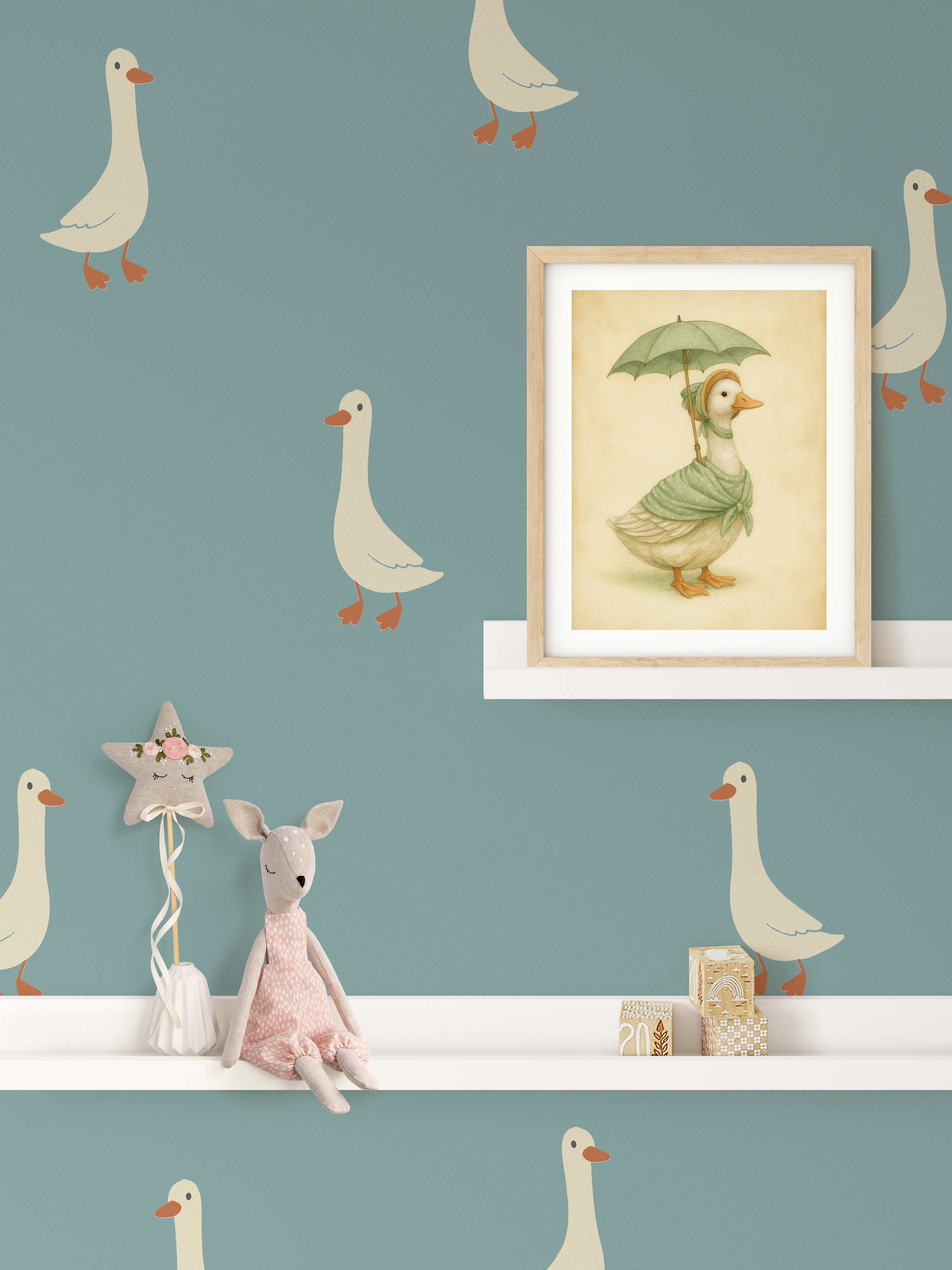 Goose wall stickers on teal wall with nursery shelf, framed goose artwork, and plush toys