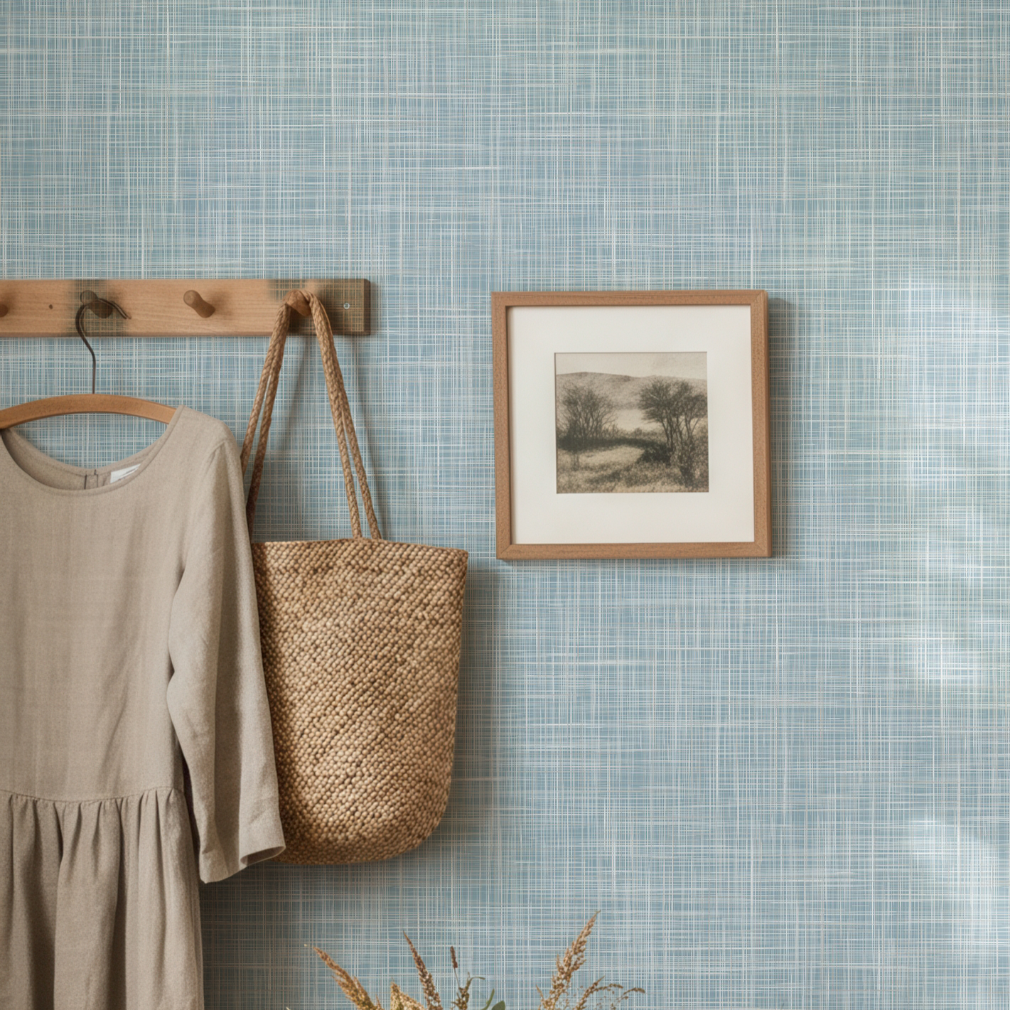 Sky Blue Grasscloth Peel and Stick Wallpaper (Faux)