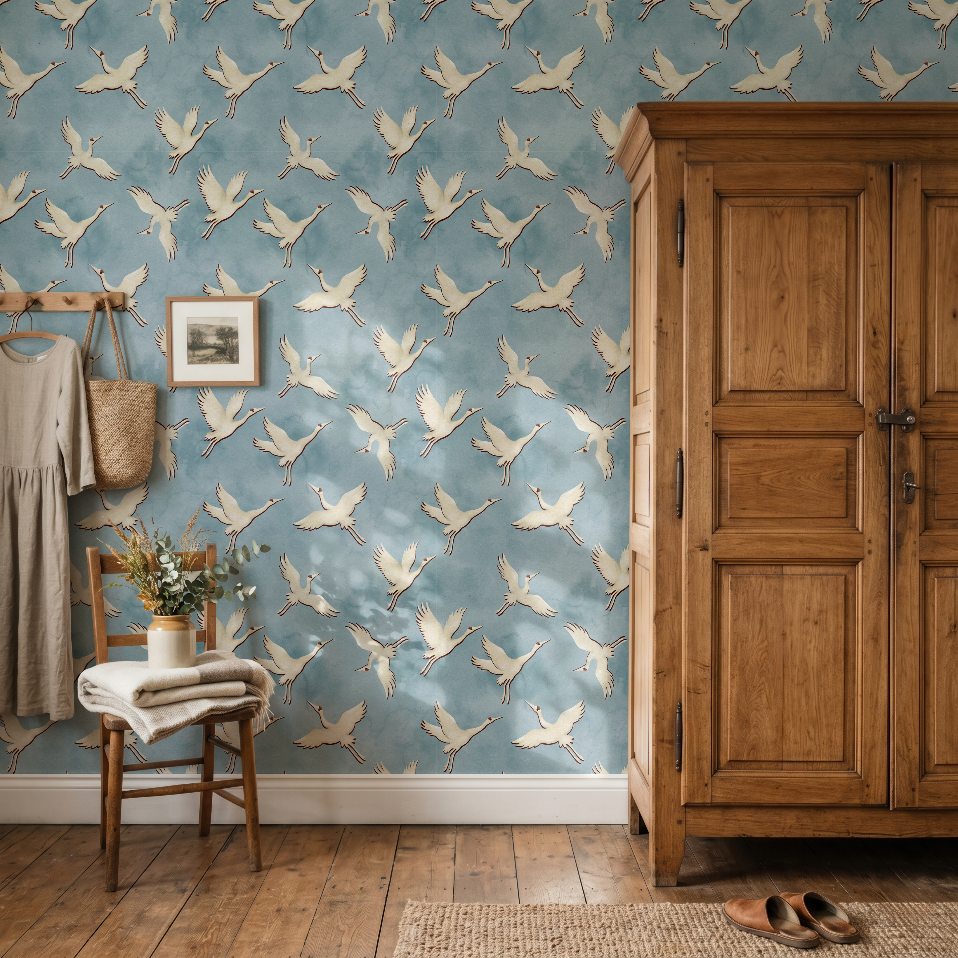 A styled interior room with blue wallpaper featuring a repeating pattern of cream-colored flying cranes, a large wooden wardrobe, a wooden chair with folded beige textiles, and a rustic floor.