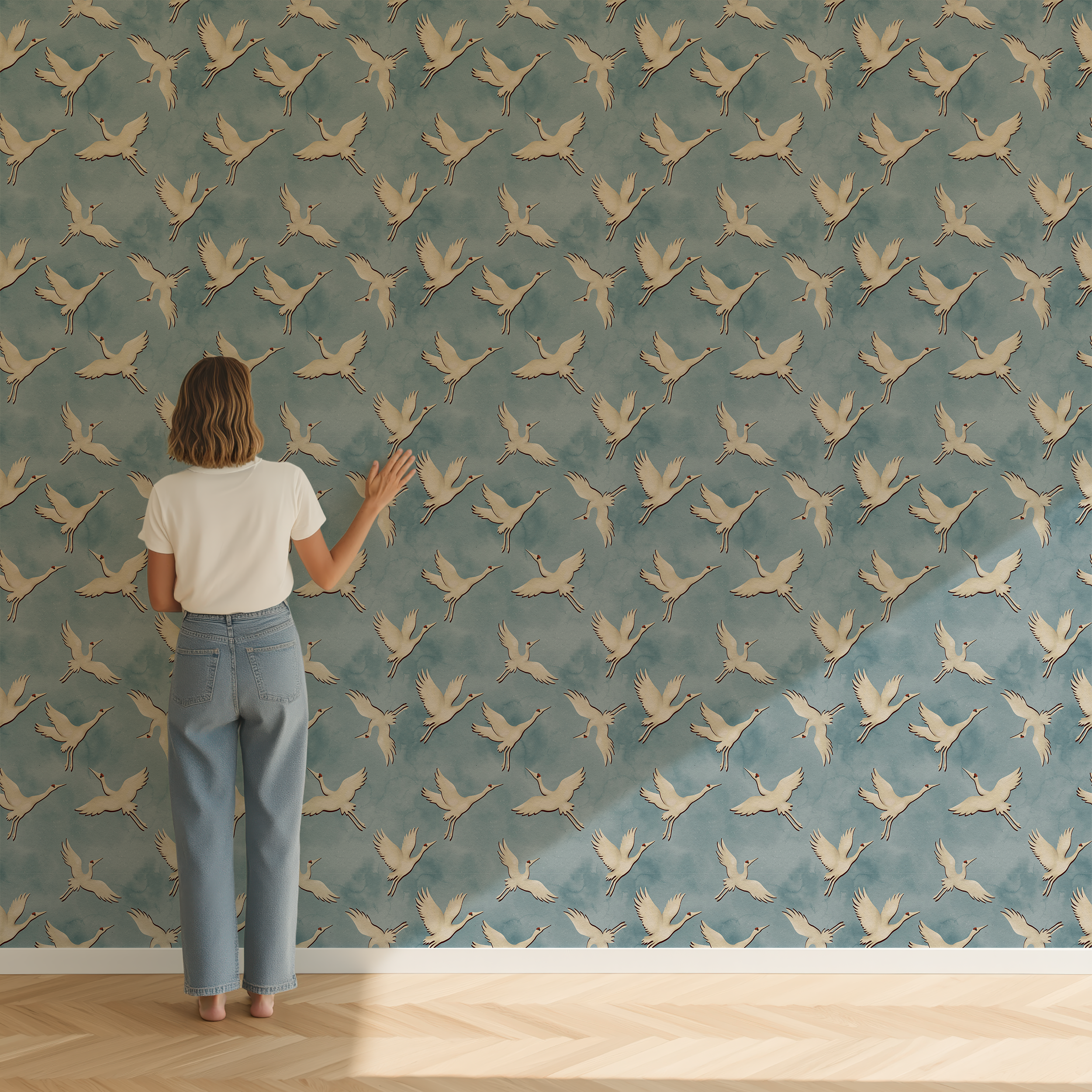 Installation scale reference showing Skybound Crane wallpaper with large flying cranes across a soft blue watercolor background.