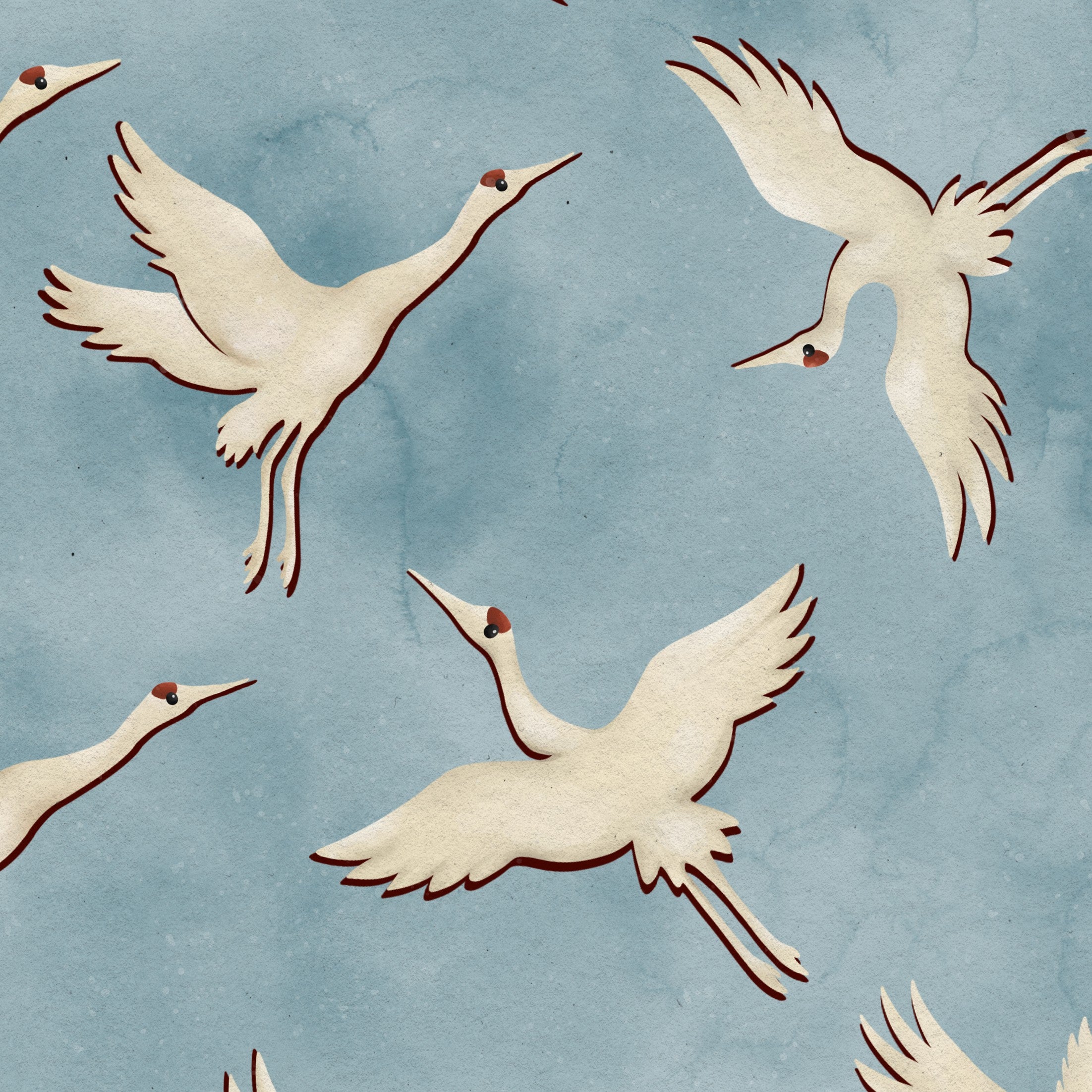 A repeating pattern of flying cranes in cream with dark brown linework on a textured light blue background.
