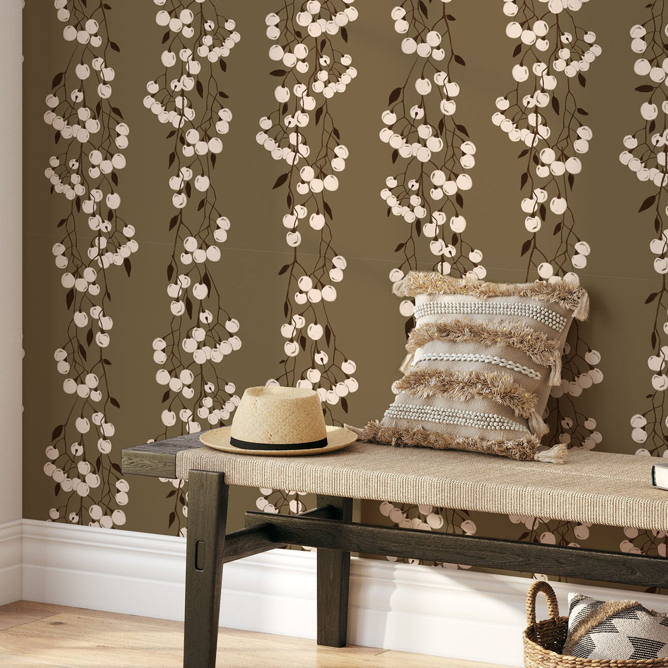 Entryway bench styled against Snowberry Trail wallpaper with hanging berry vines and neutral decor.