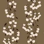 Close-up of Snowberry Trail wallpaper showing vertical trailing white berries on a warm olive-brown background.