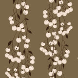 Close-up of Snowberry Trail wallpaper showing vertical trailing white berries on a warm olive-brown background.