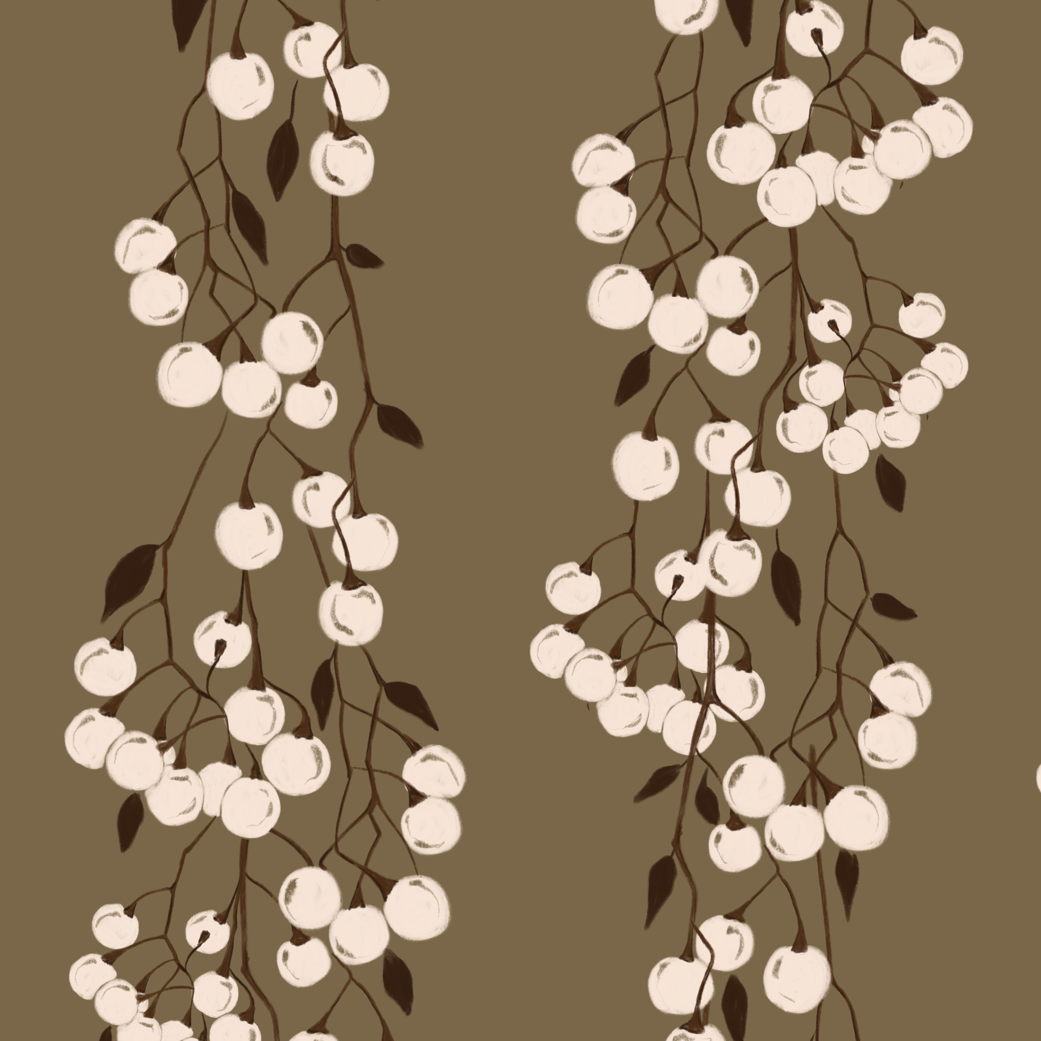 Close-up of Snowberry Trail wallpaper showing vertical trailing white berries on a warm olive-brown background.