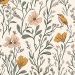 Pattern swatch of Songbird Meadow wallpaper featuring illustrated flowers, leaves, and small birds on a cream background