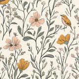 Pattern swatch of Songbird Meadow wallpaper featuring illustrated flowers, leaves, and small birds on a cream background