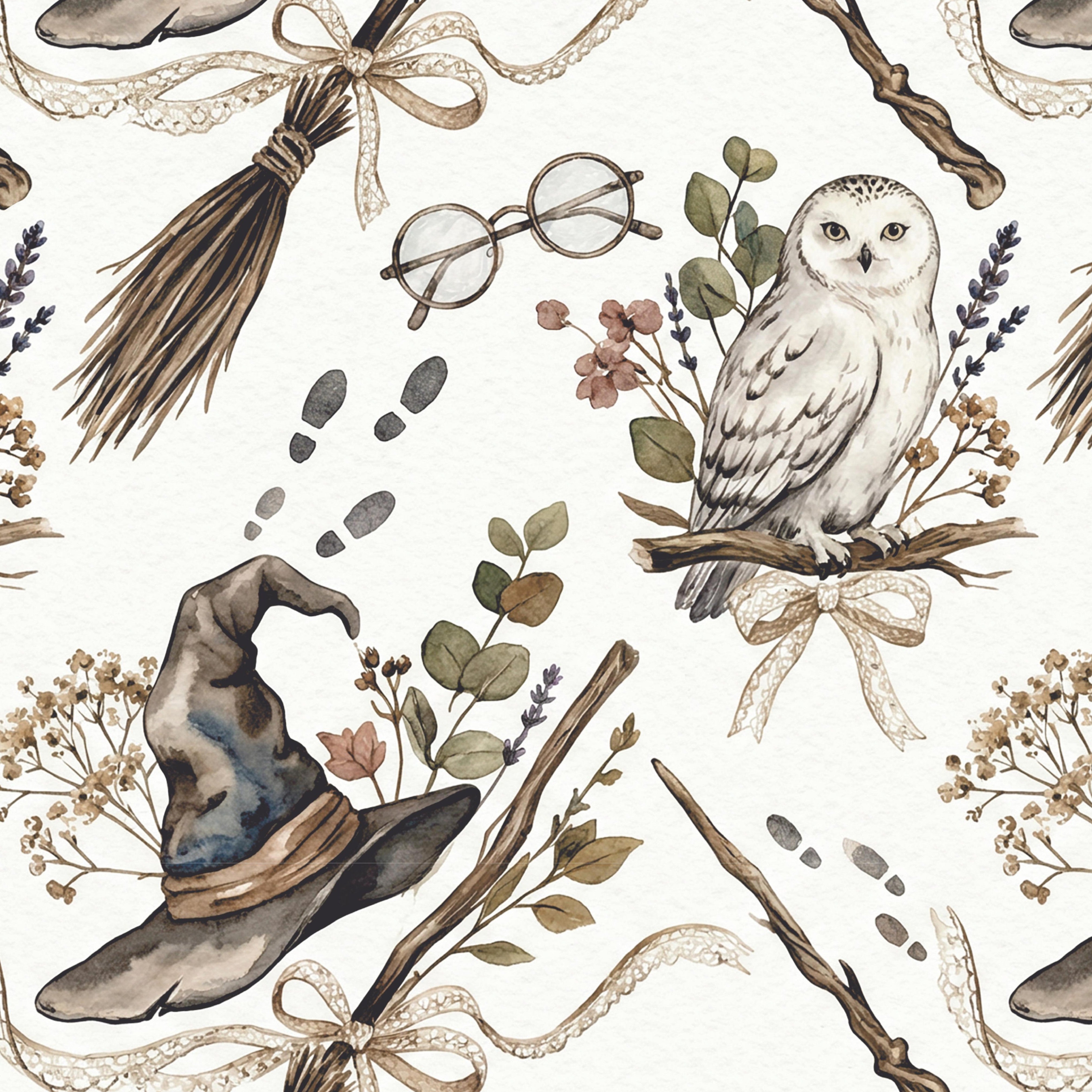 Spellbound wallpaper pattern featuring watercolor snowy owls, wizard hats, broomsticks, magic wands, spectacles and enchanted forest accents