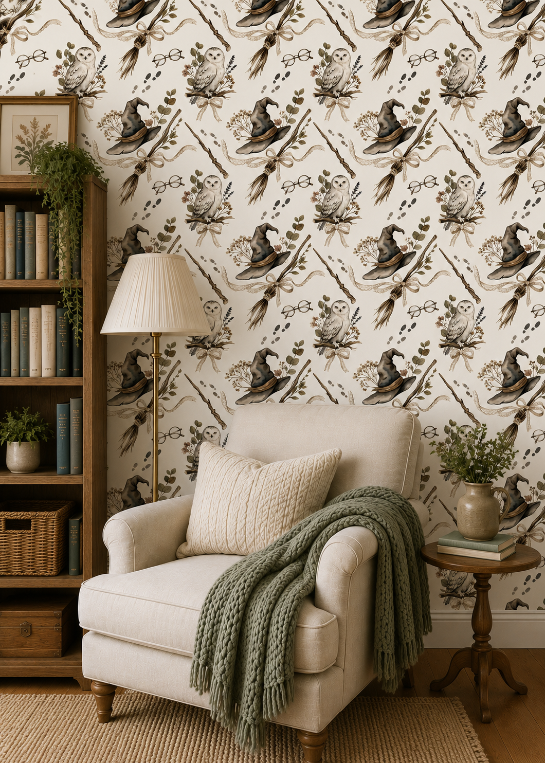 Spellbound wizard wallpaper in cozy reading nook with snowy owls, witch hats, magic wands, broomsticks and vintage wizard decor