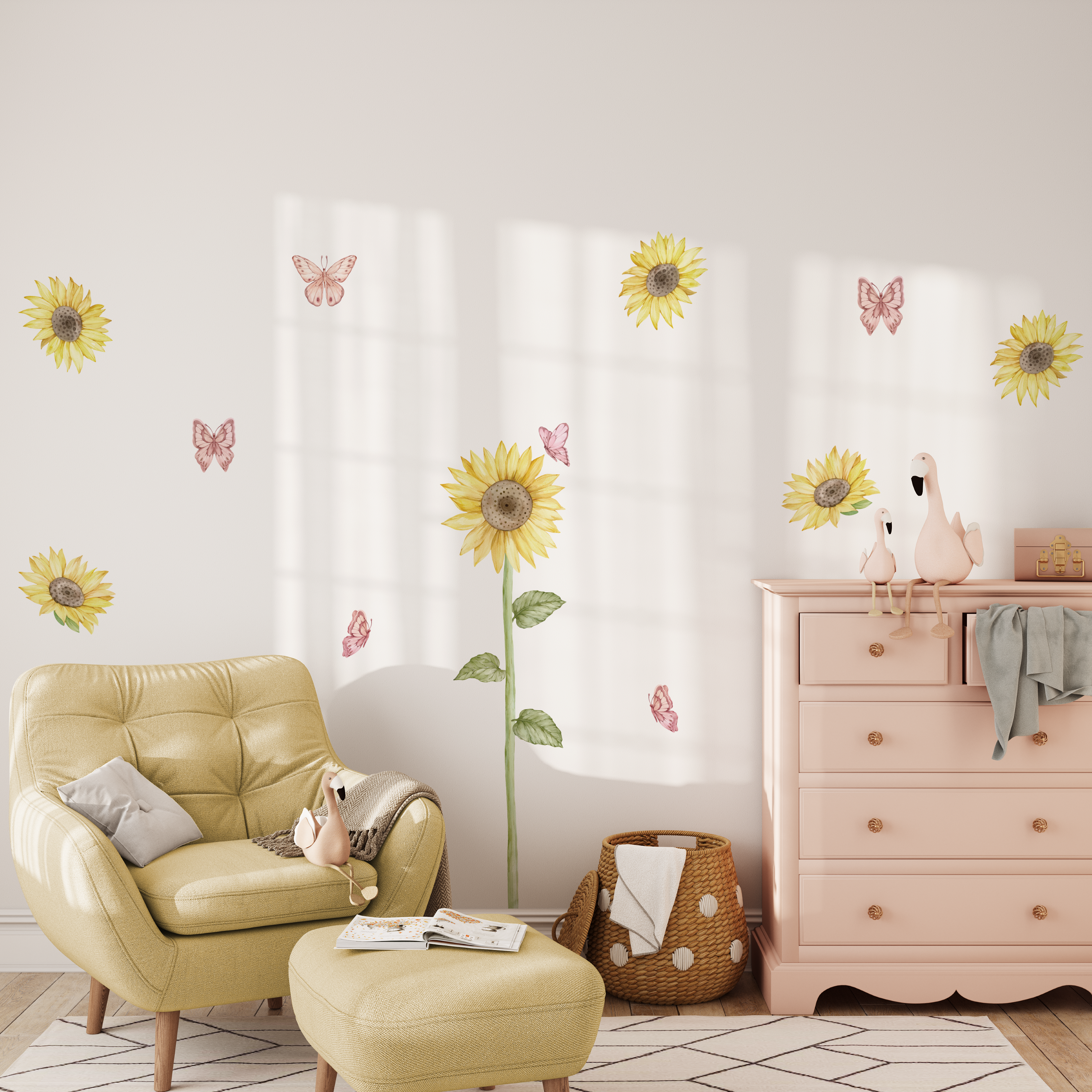 Individual self adhesive butterfly and sunflower wall stickers for kids rooms