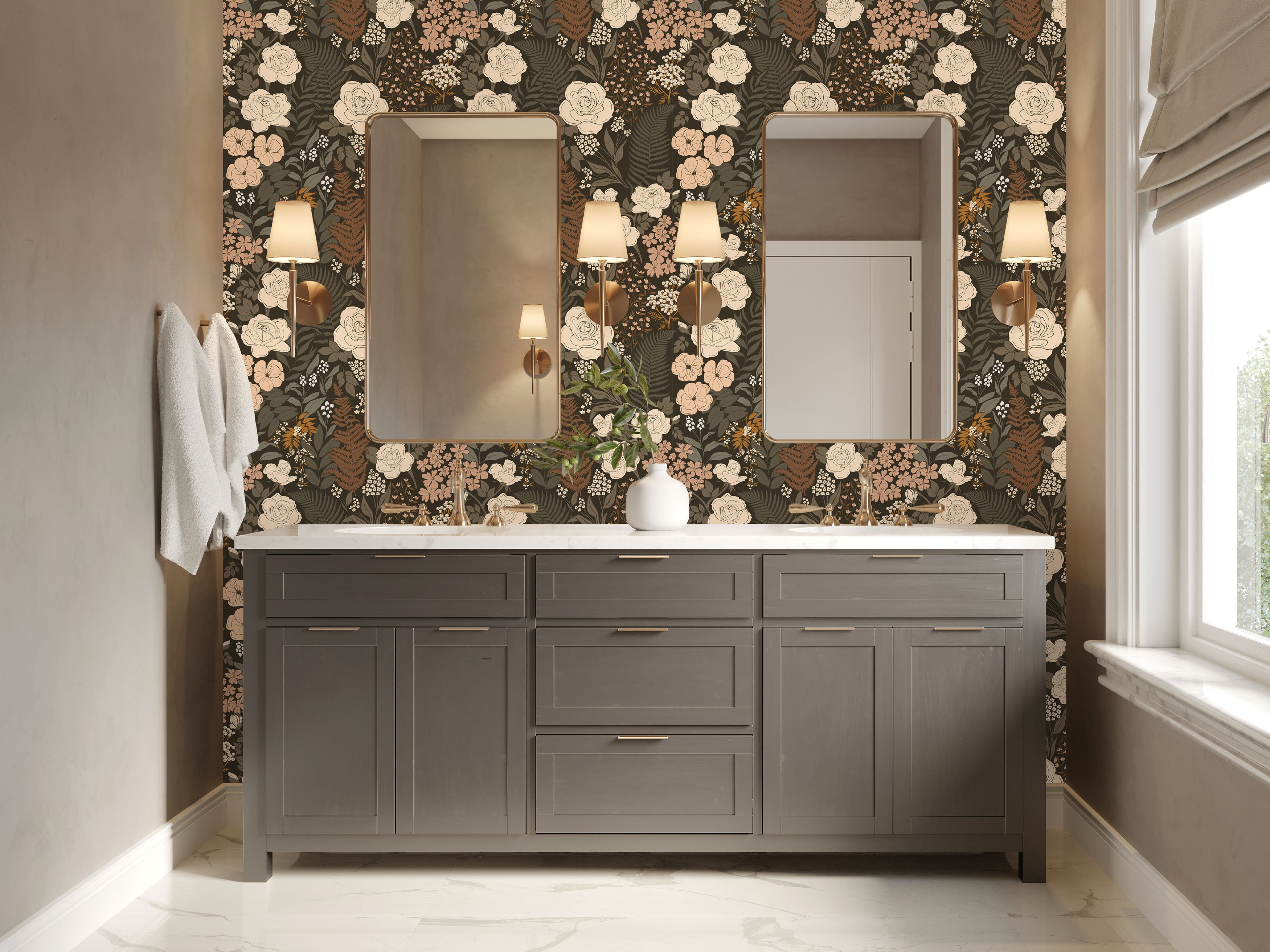 Stillwood floral wallpaper installed behind a bathroom vanity with brass sconces and neutral cabinetry
