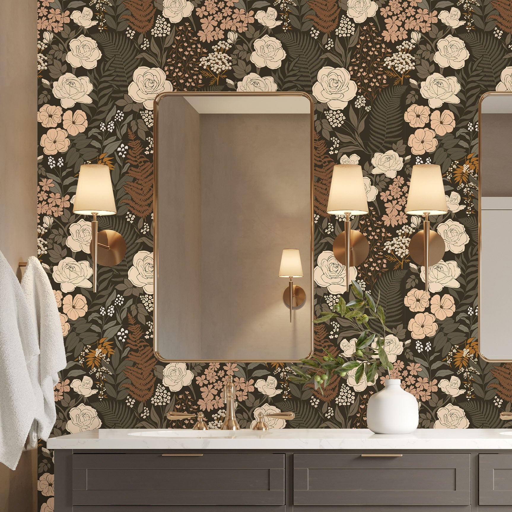 Bathroom with floral wallpaper, mirror, and decorative elements.
