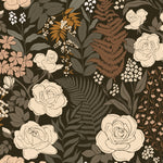 Stillwood wallpaper close-up showing cream roses, ferns, and layered botanicals on a deep olive background
